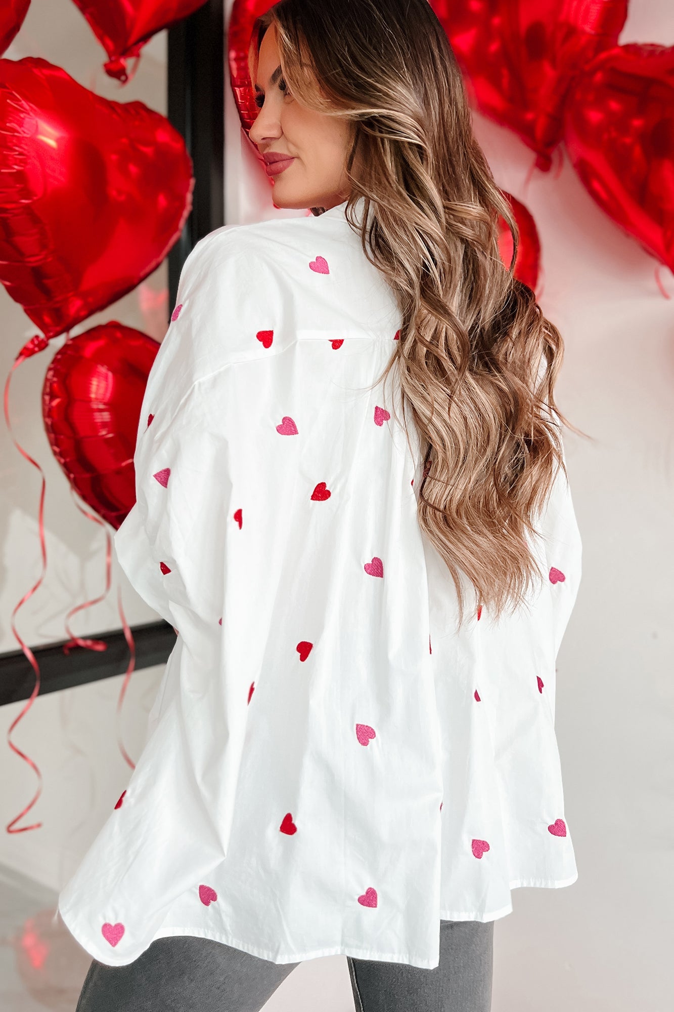 Lovestruck Babe Heart Embroidered Oversized Button-Down (White)