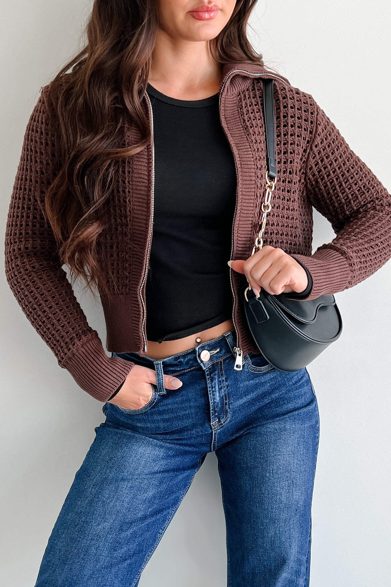 Whispered Words Zip-Up Sweater Jacket (Chocolate)