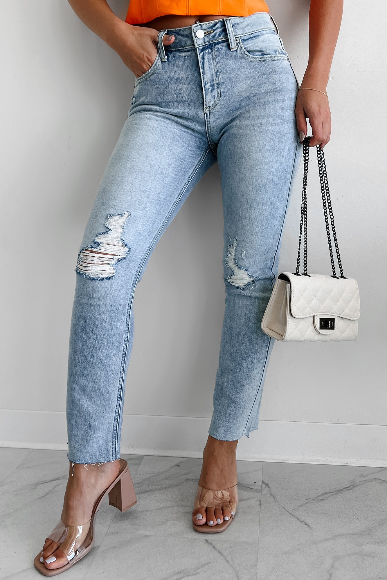 Azra High Rise Sneak Peek Slim Straight Jeans (Light Vintage)