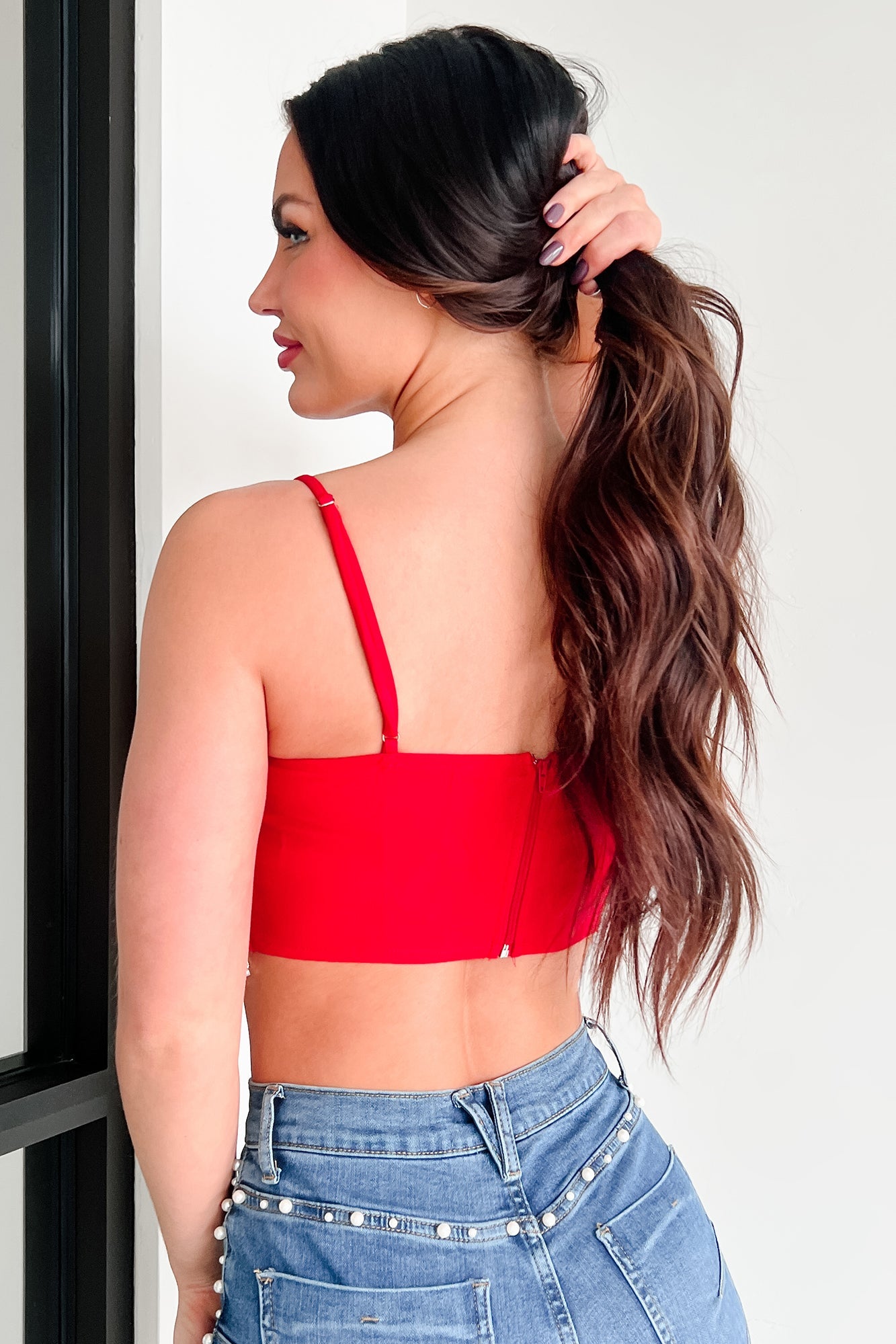 Fixed On You Rhinestone Pearl Fringe Top (Red)