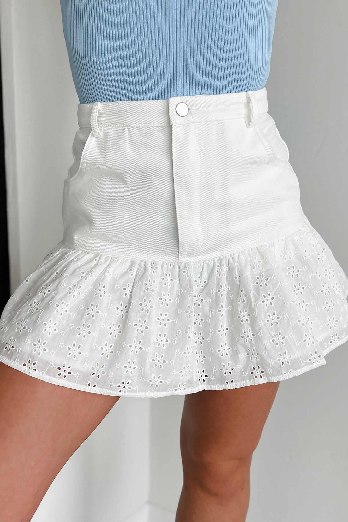 Daily Gratitude Eyelet Hem Denim Mini Skirt (Off White)