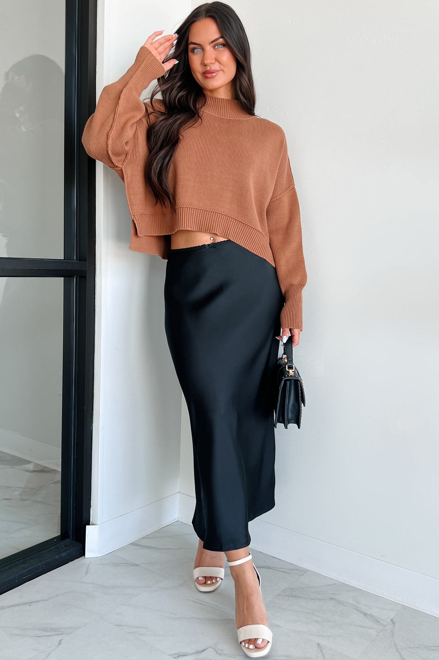 Chic Endeavors Satin Midi Skirt (Black)