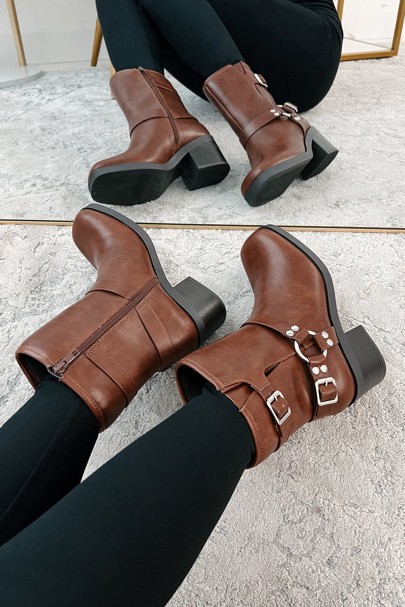 Tough As Nails Buckle Strap Chunky Biker Booties (Brown)