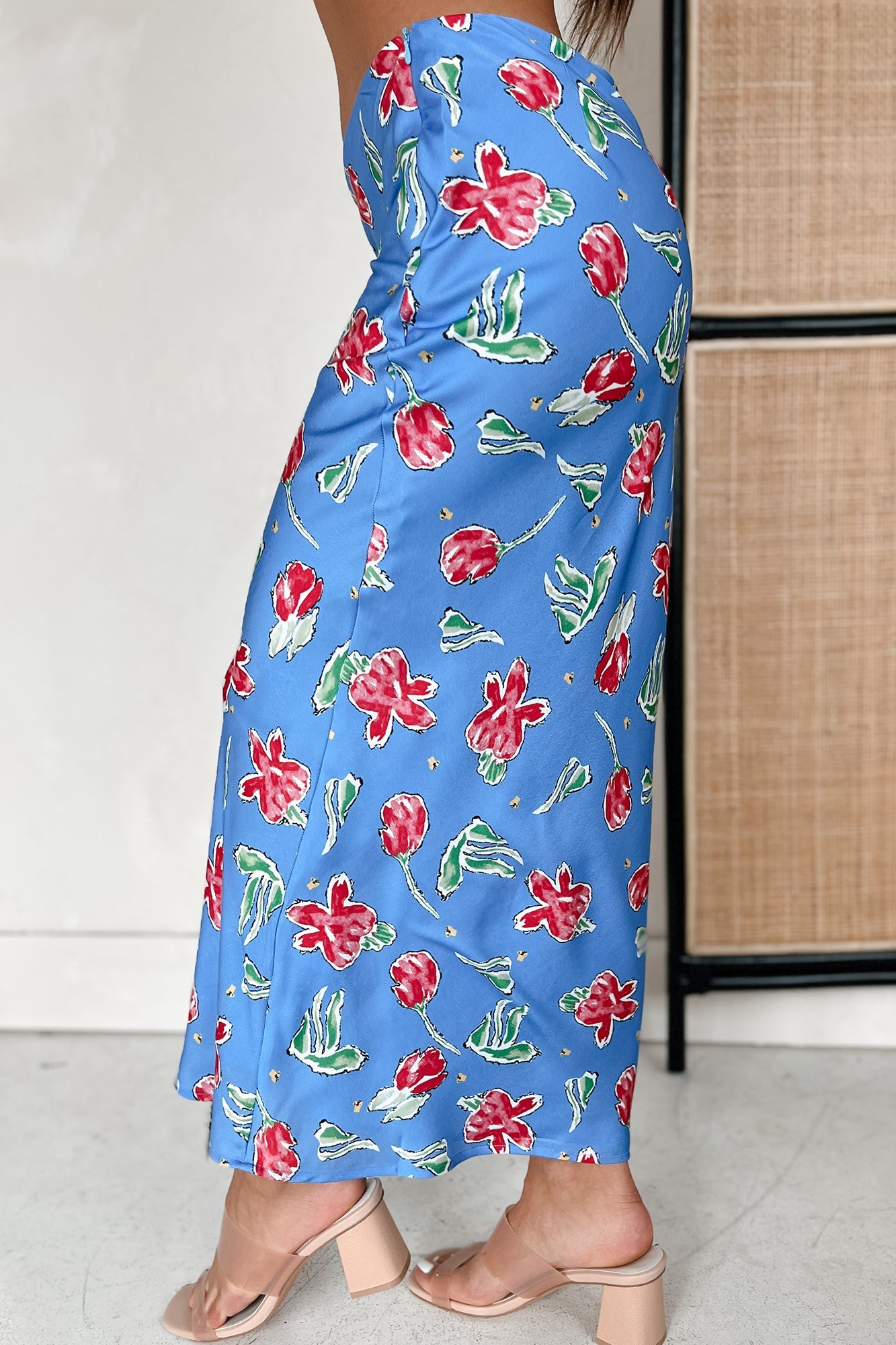 Feeling Flowerful Satin Floral Midi Skirt (Blue)