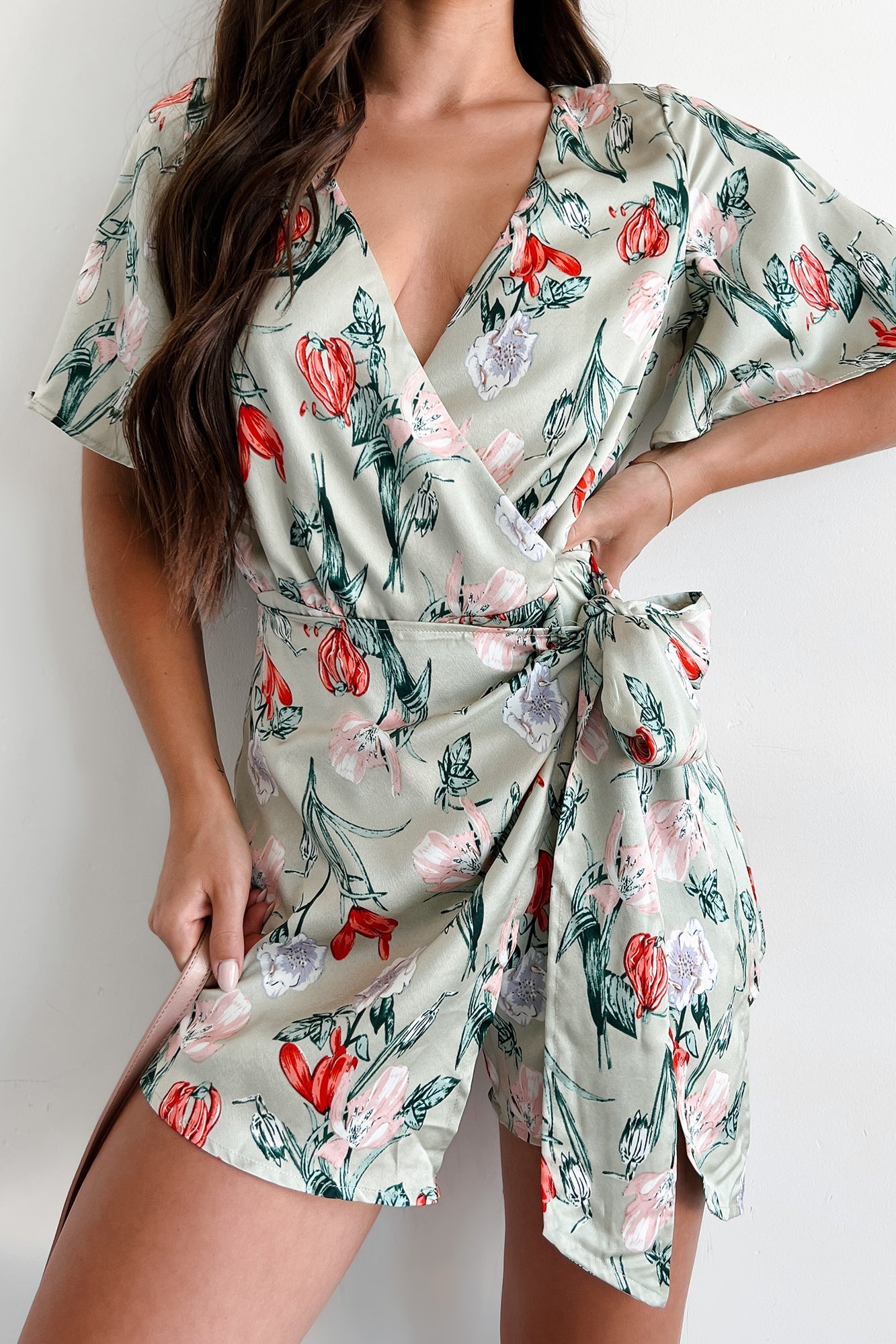 Discovering Paradise Satin Floral Romper (Sage Blue)