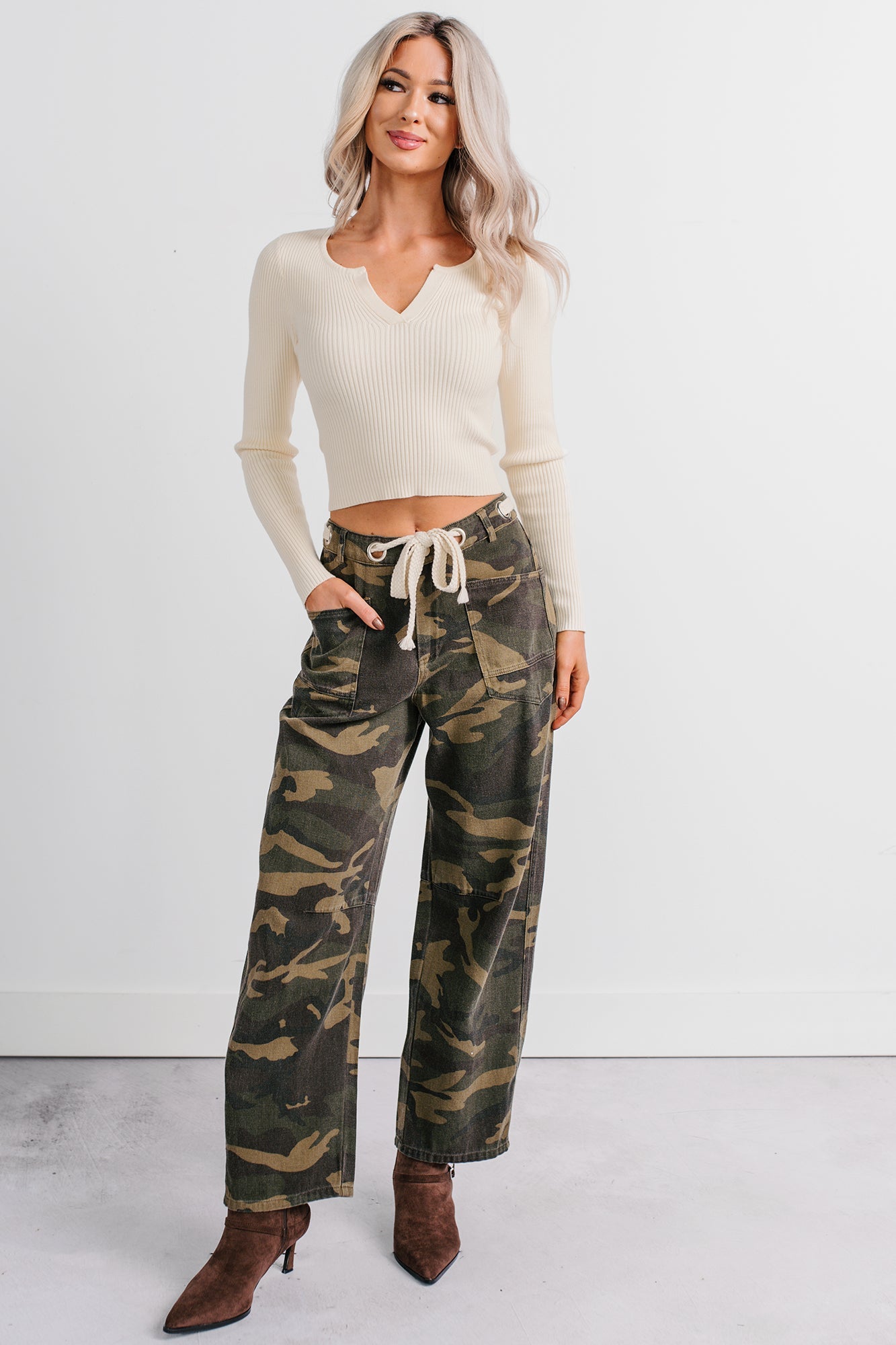 Think Of Me Denim Waist Tie Wide Leg Pants (Camo)