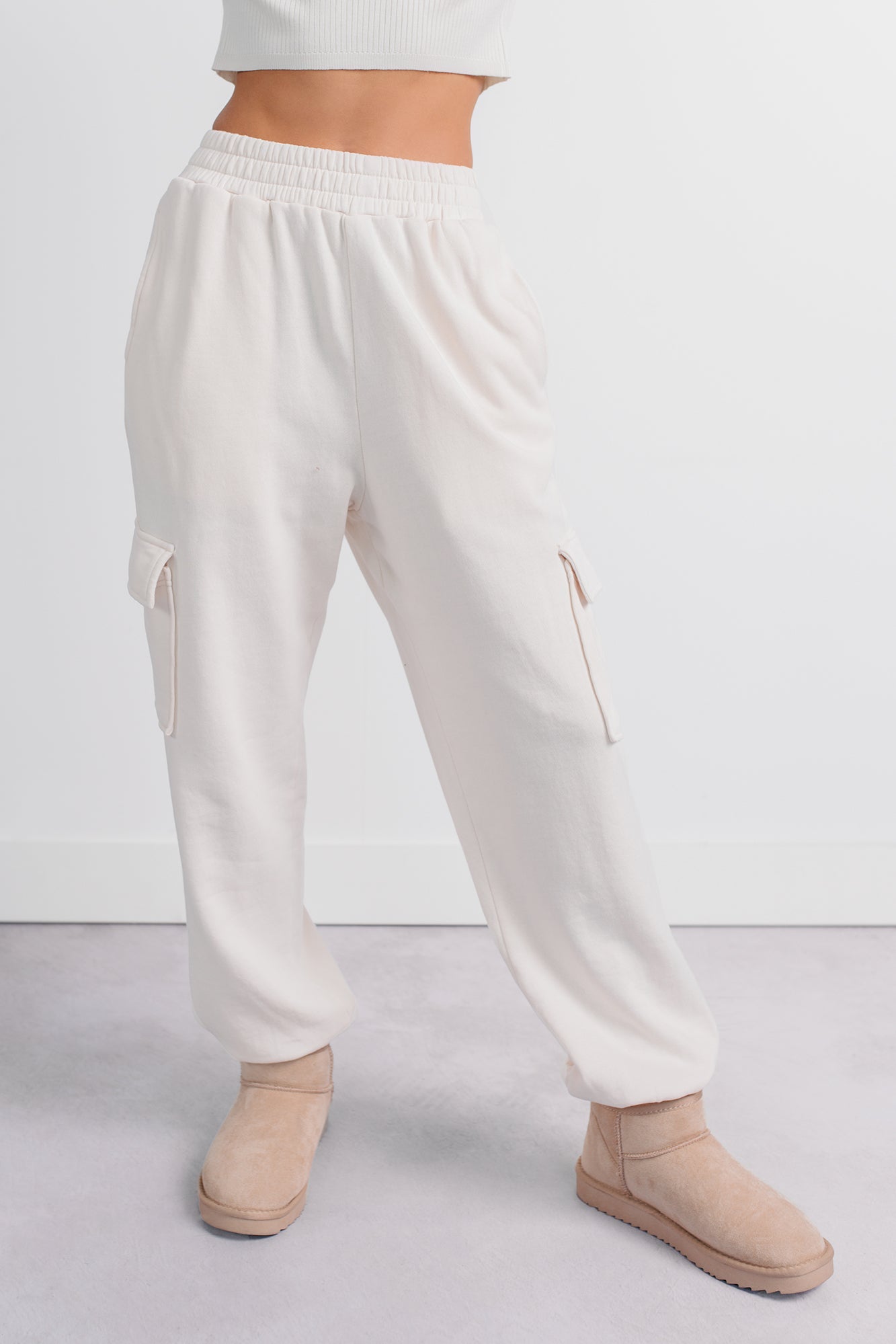 Practicing Patience Fleece Cargo Joggers (Ivory)