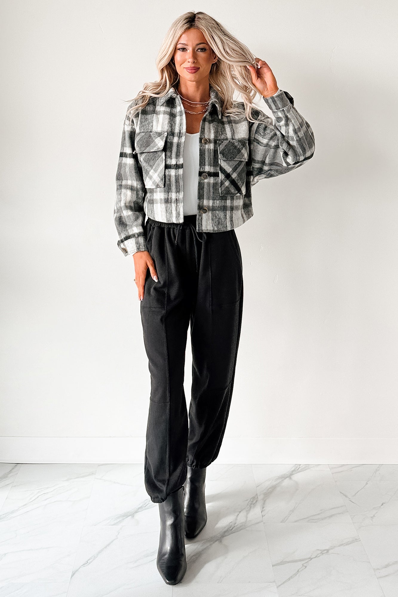 Can't Relate Plaid Button-Down Shacket (Charcoal)