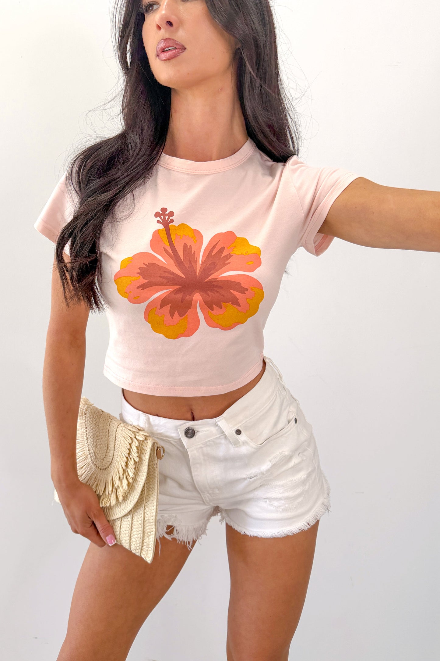 Just A Touch Hibiscus Graphic Crop Top (Light Pink)