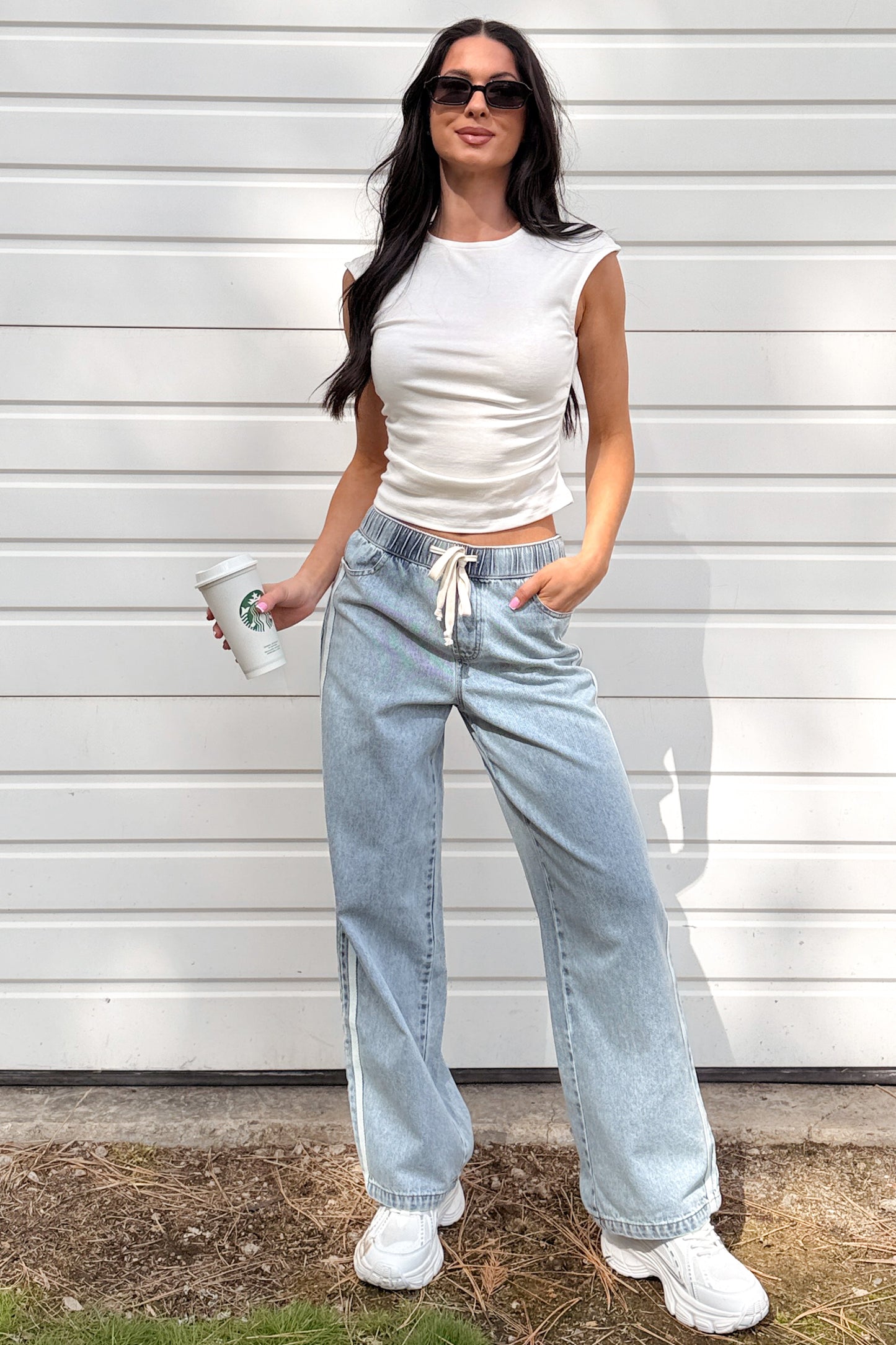 Kailer Side Stripe Wide Leg Drawstring Pants (Light Denim)