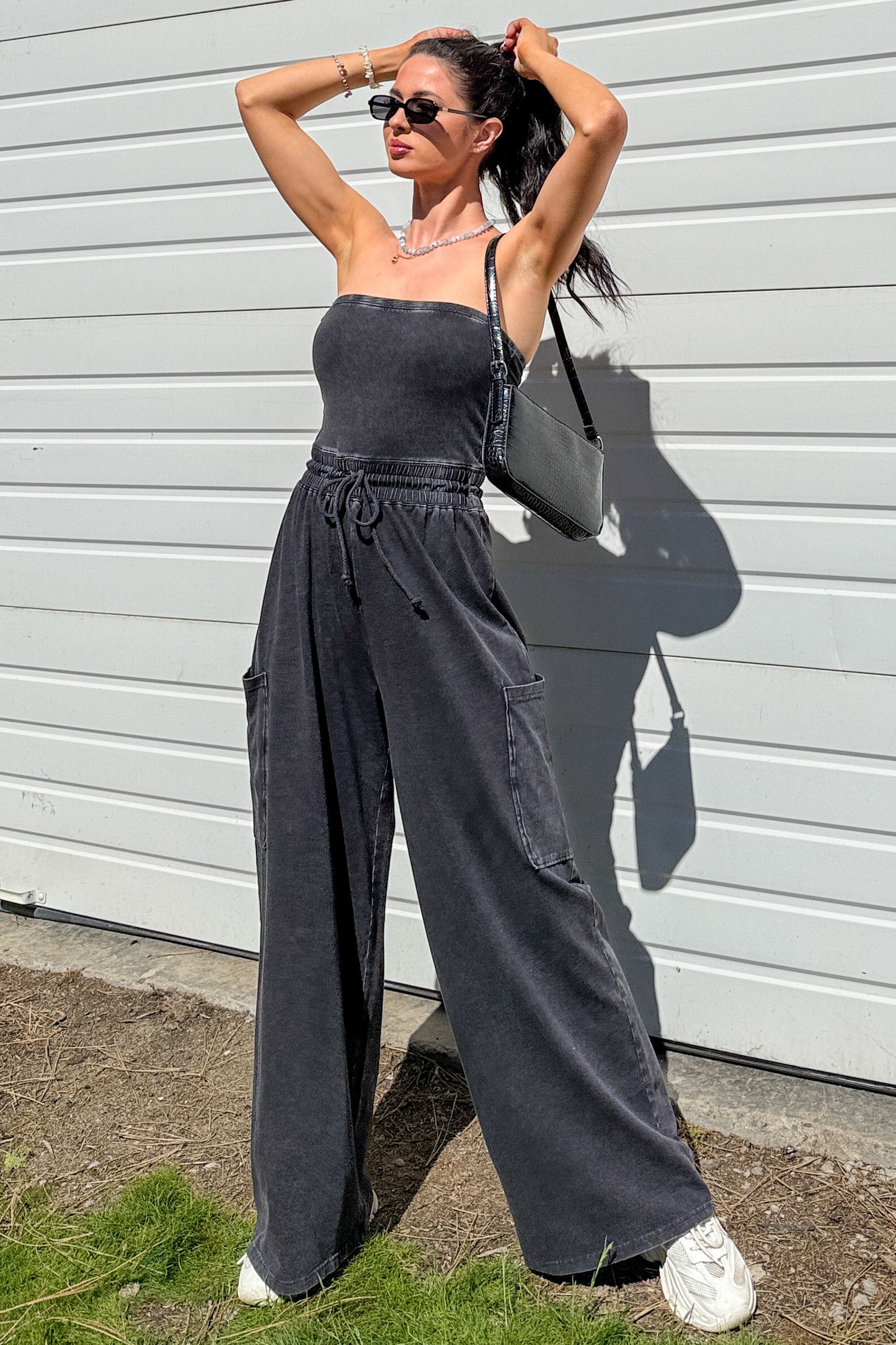 Weekend Uniform Strapless Mineral Wash Jumpsuit (Black)