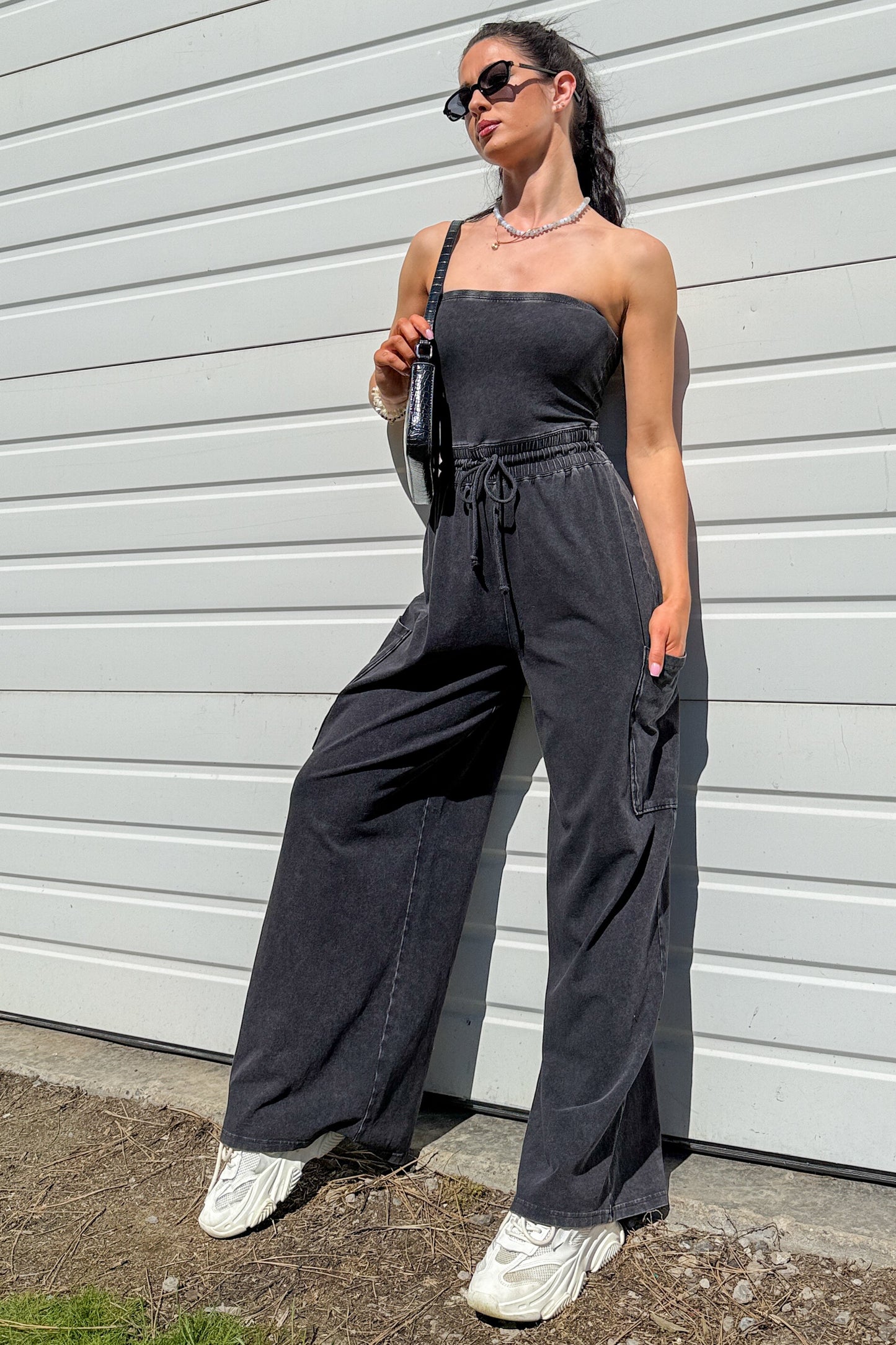 Weekend Uniform Strapless Mineral Wash Jumpsuit (Black)