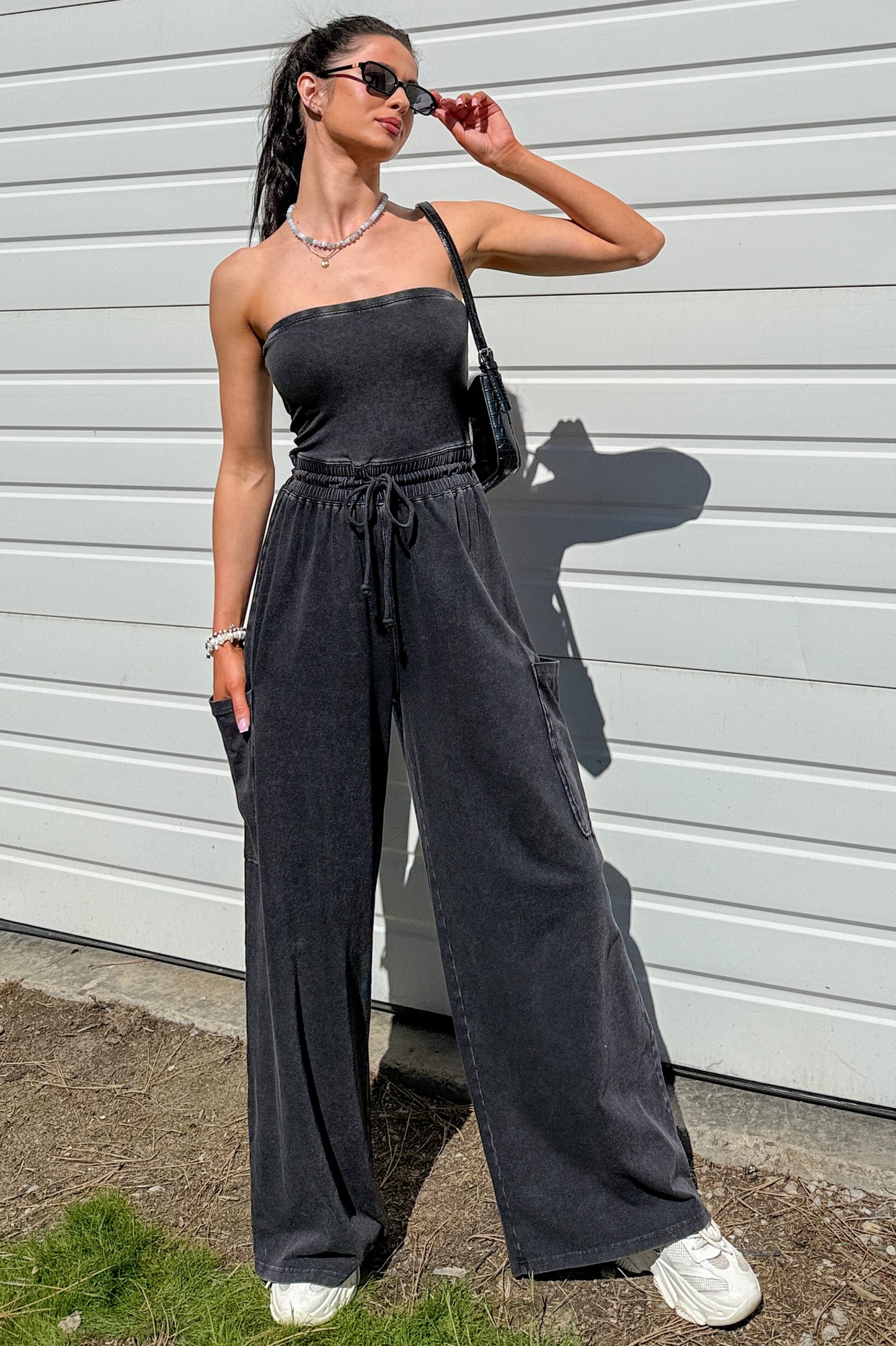 Weekend Uniform Strapless Mineral Wash Jumpsuit (Black)