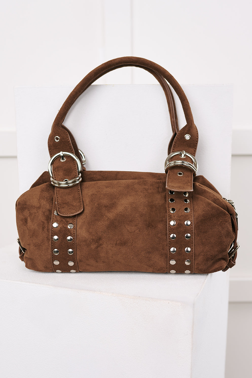 Fierce Calm Studded Faux Suede Bag (Dark Brown)