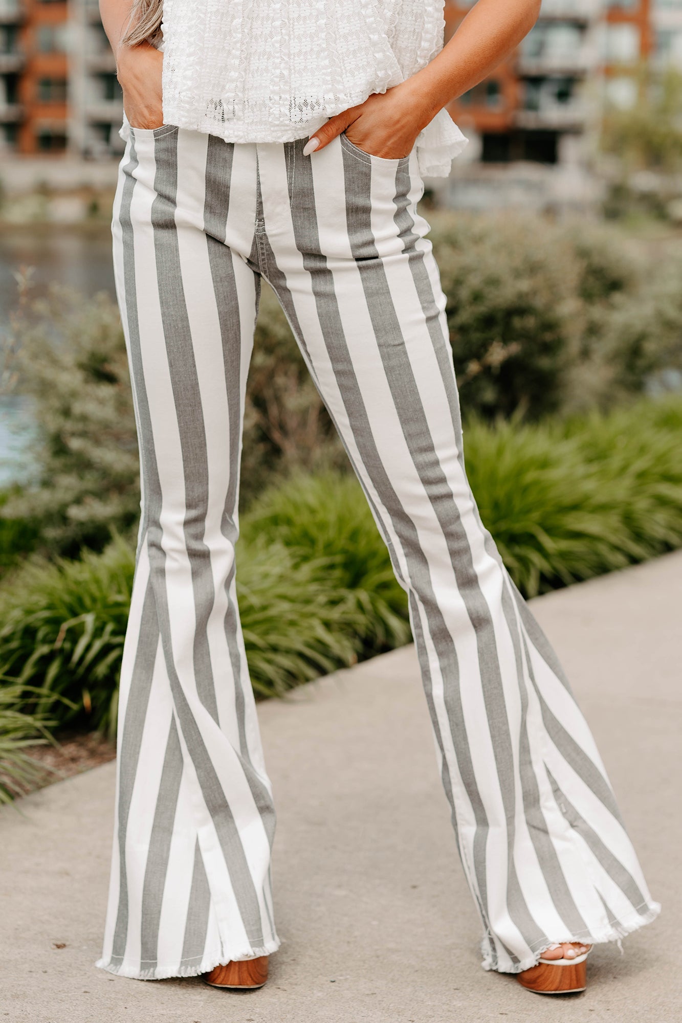 Certified Flirt Striped Flare Jeans (White/Charcoal)