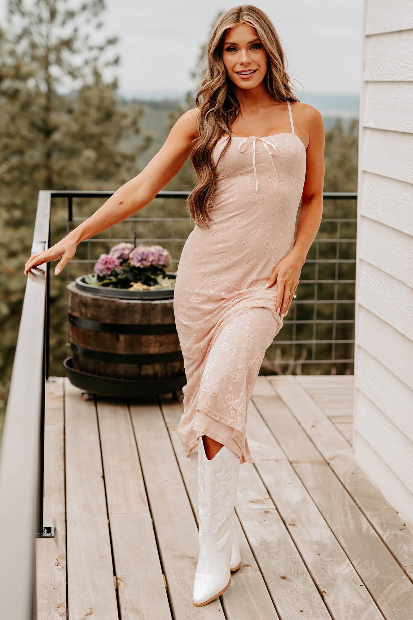 Forever On My Mind Bow Print Midi Dress (Blush)