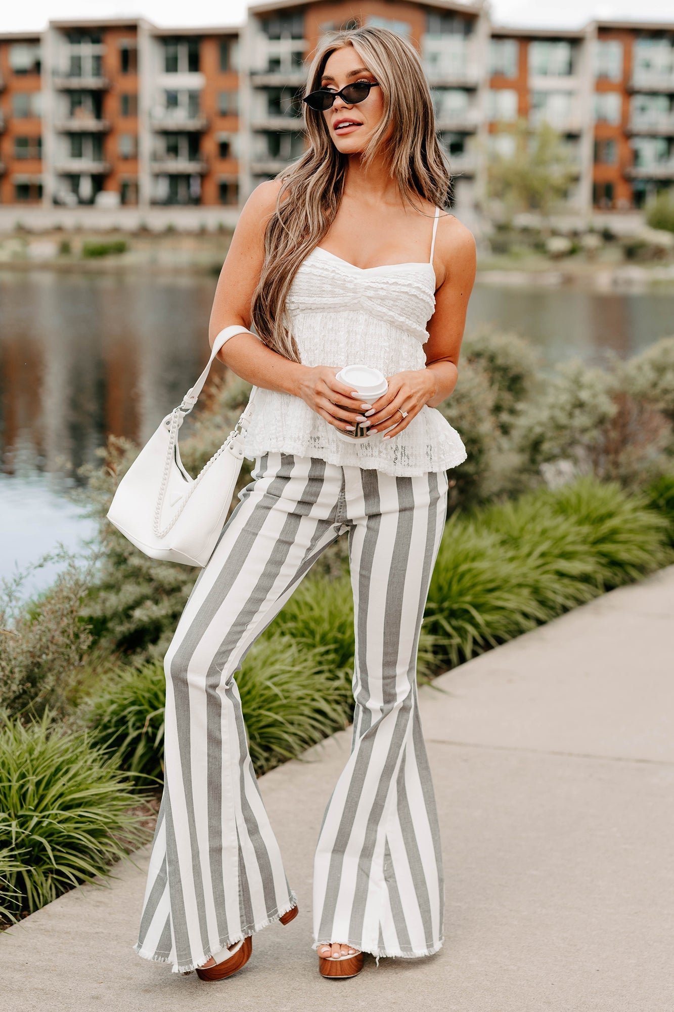 Certified Flirt Striped Flare Jeans (White/Charcoal)