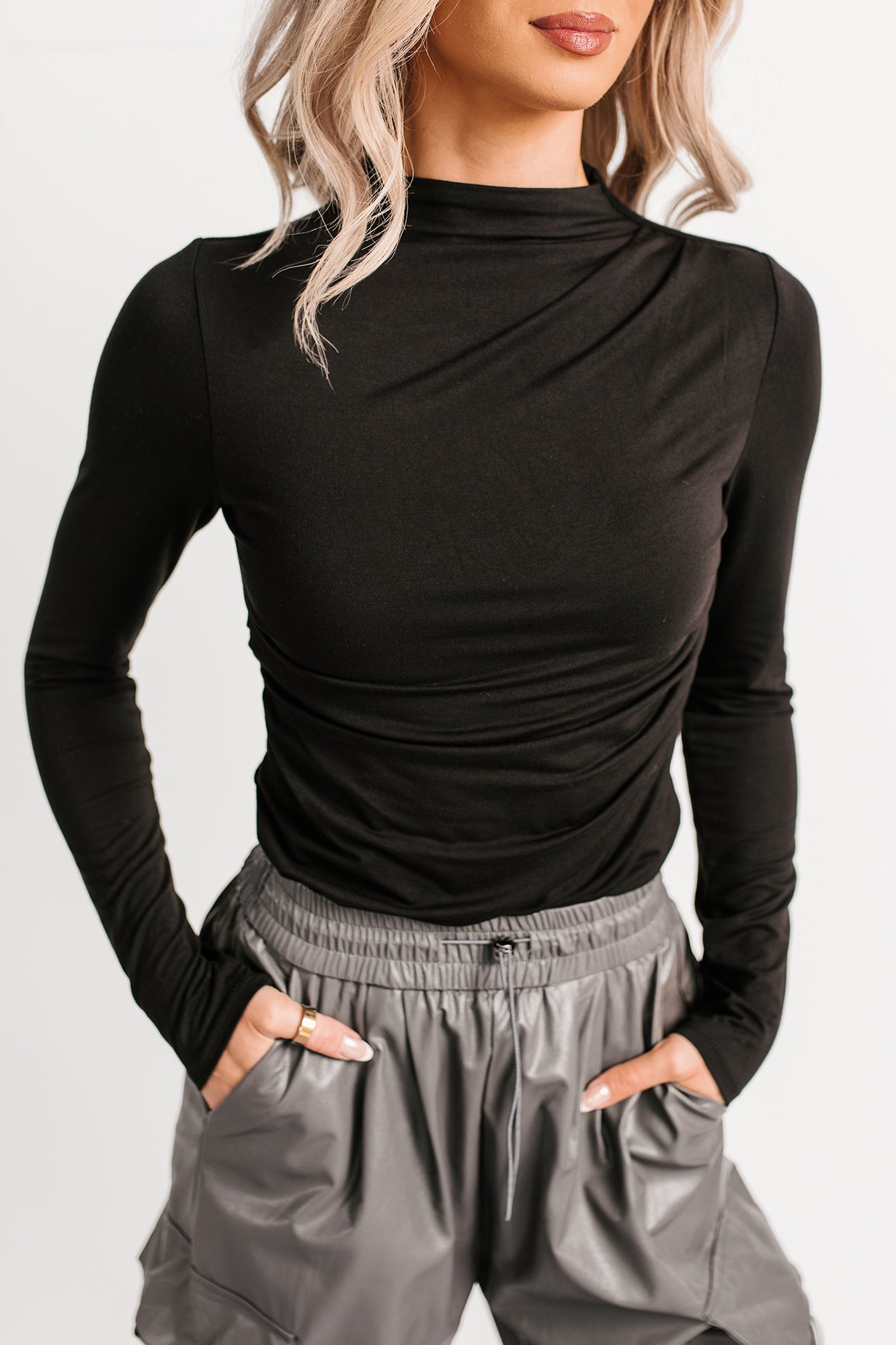 If You Knew Mock Neck Long Sleeve Top (Black)