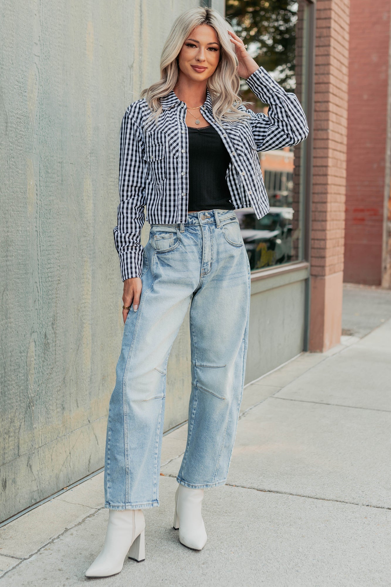 Morning Markets Signature 8 Gingham Crop Shirt (Black)