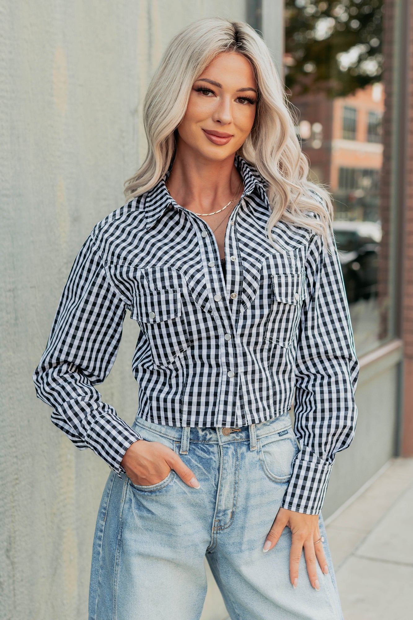 Morning Markets Signature 8 Gingham Crop Shirt (Black)
