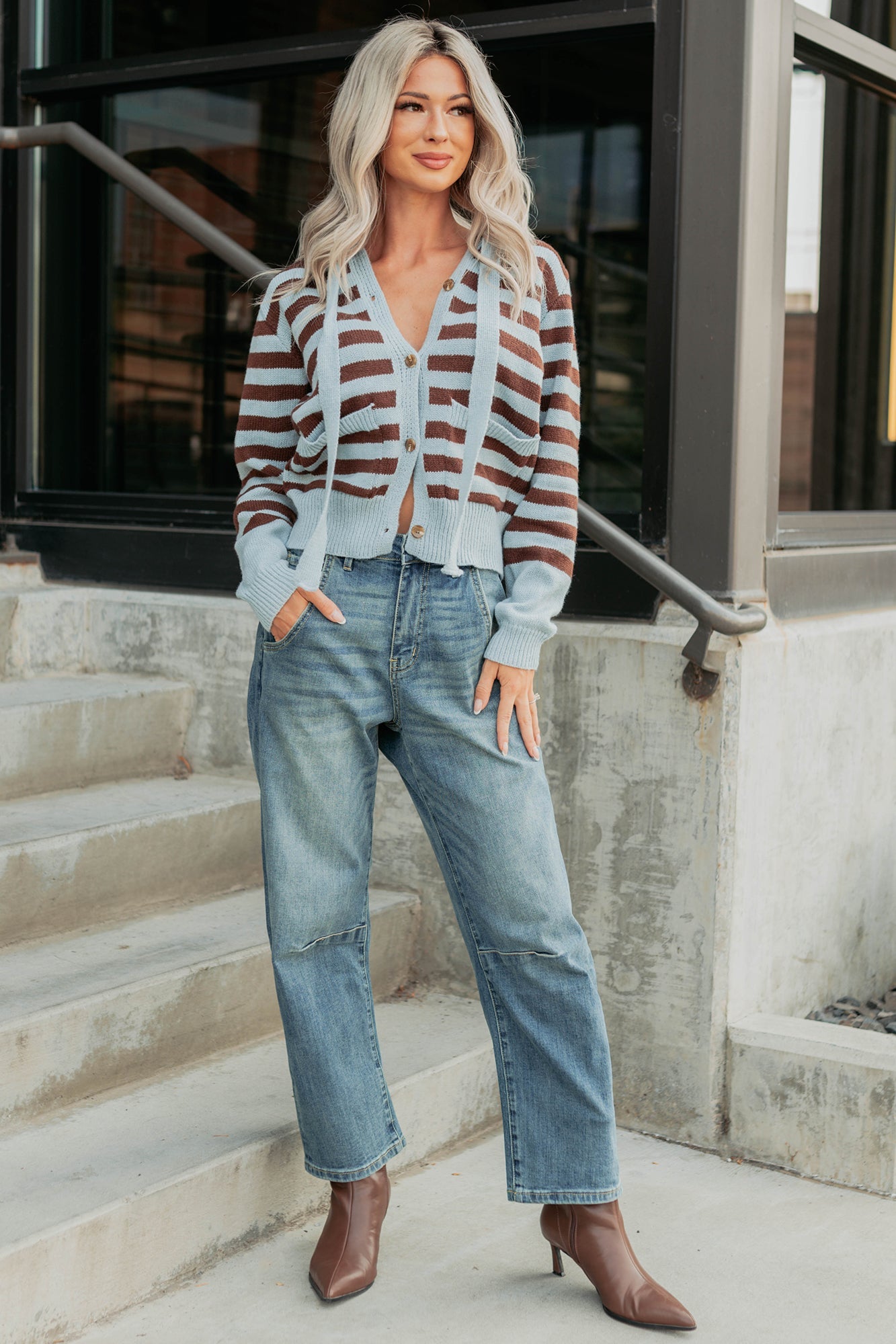 Sinking In Striped Knit Hooded Cardigan (Light Blue)