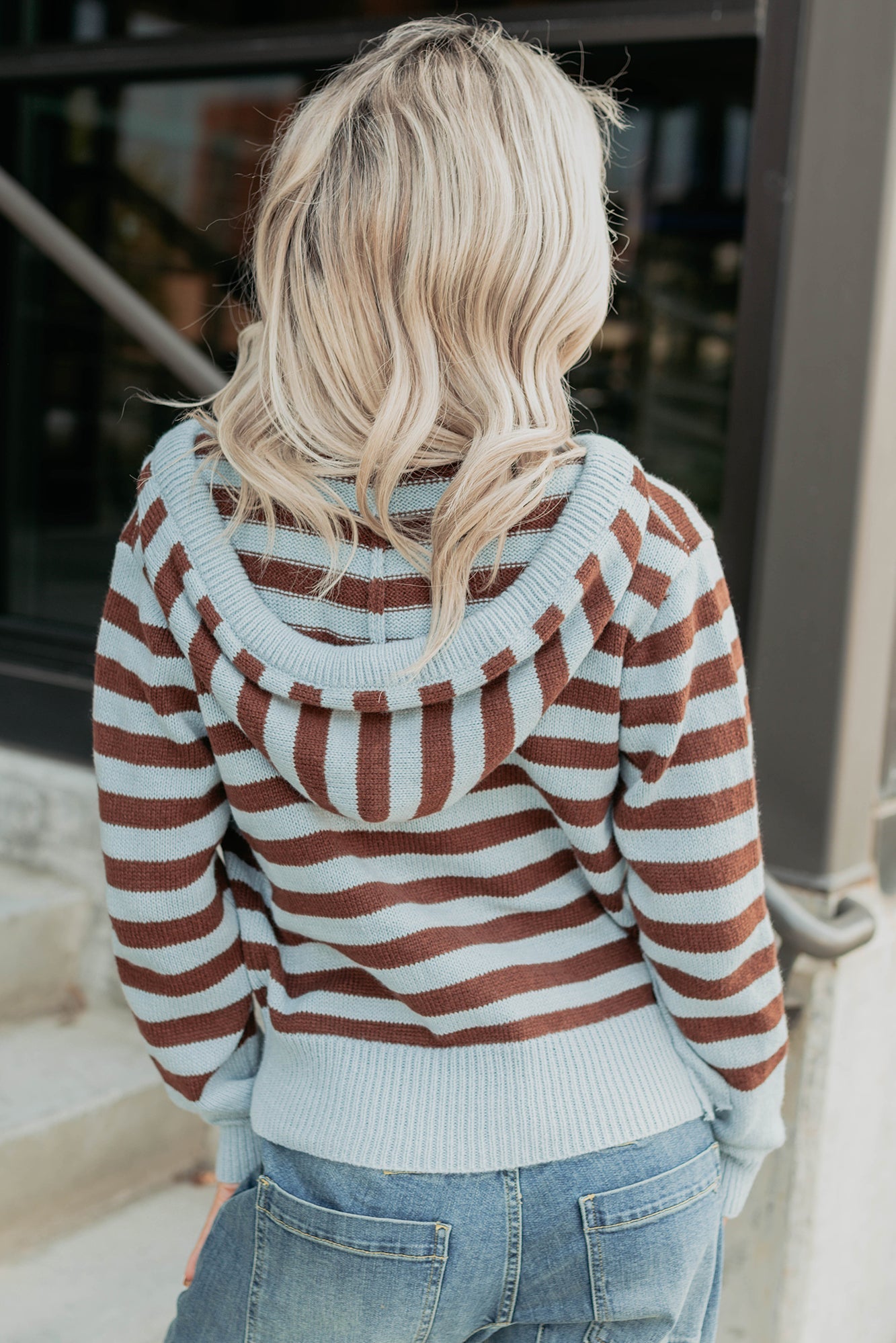 Sinking In Striped Knit Hooded Cardigan (Light Blue)