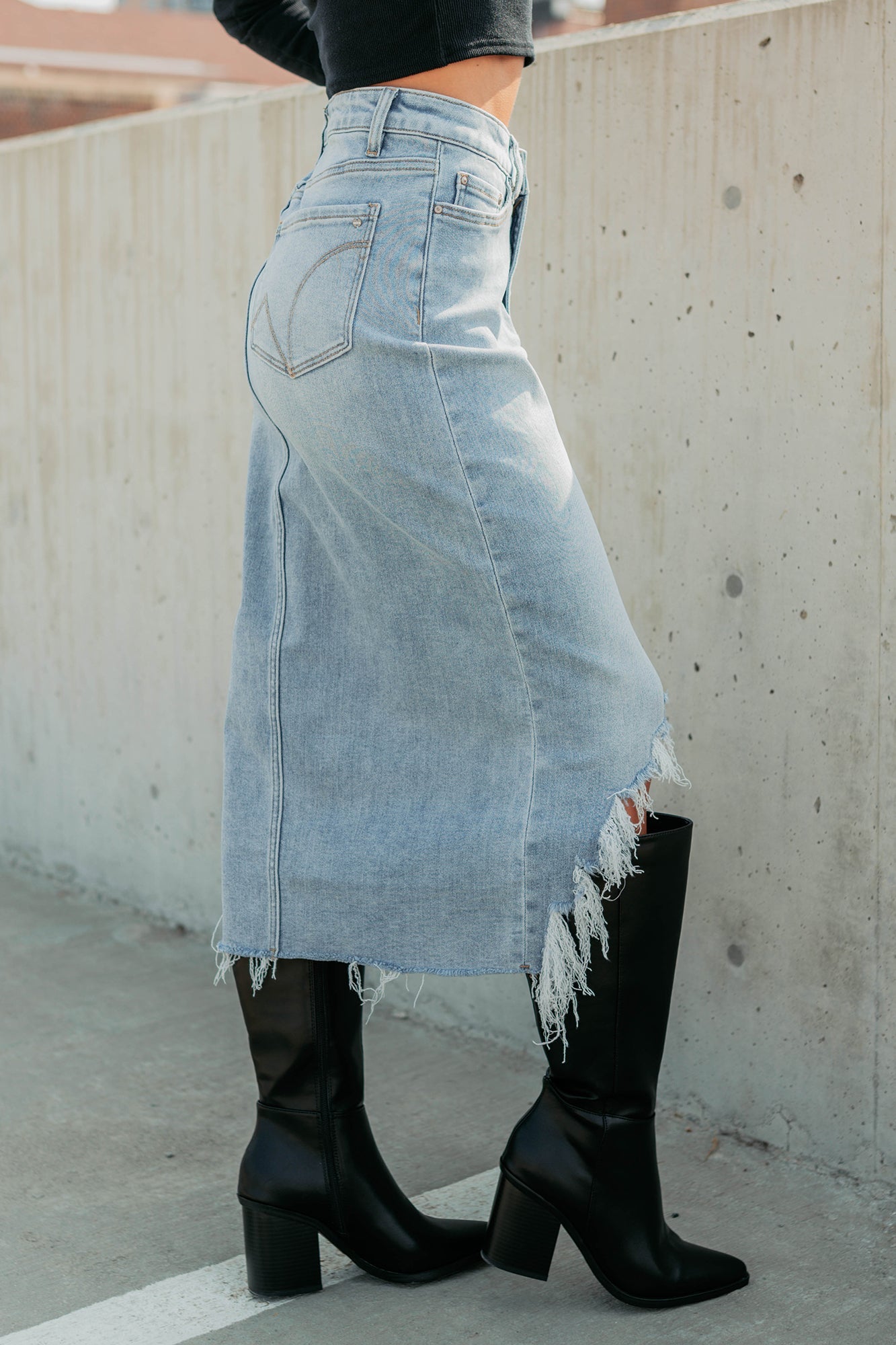 Fearless Energy Distressed Midi Skirt (Wild Blue)