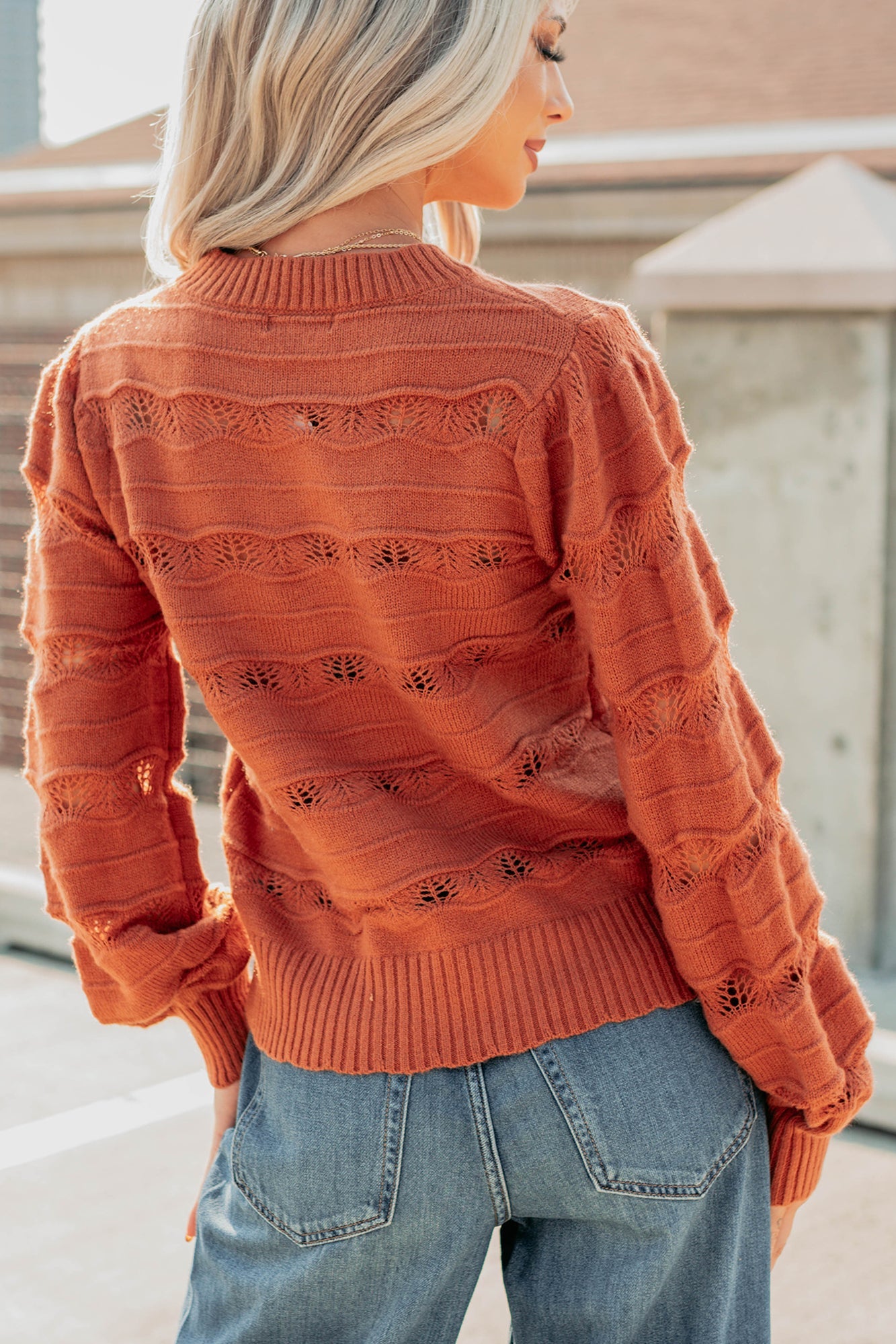 Quiet Mornings Open Knit Detailed Sweater (Terracotta)
