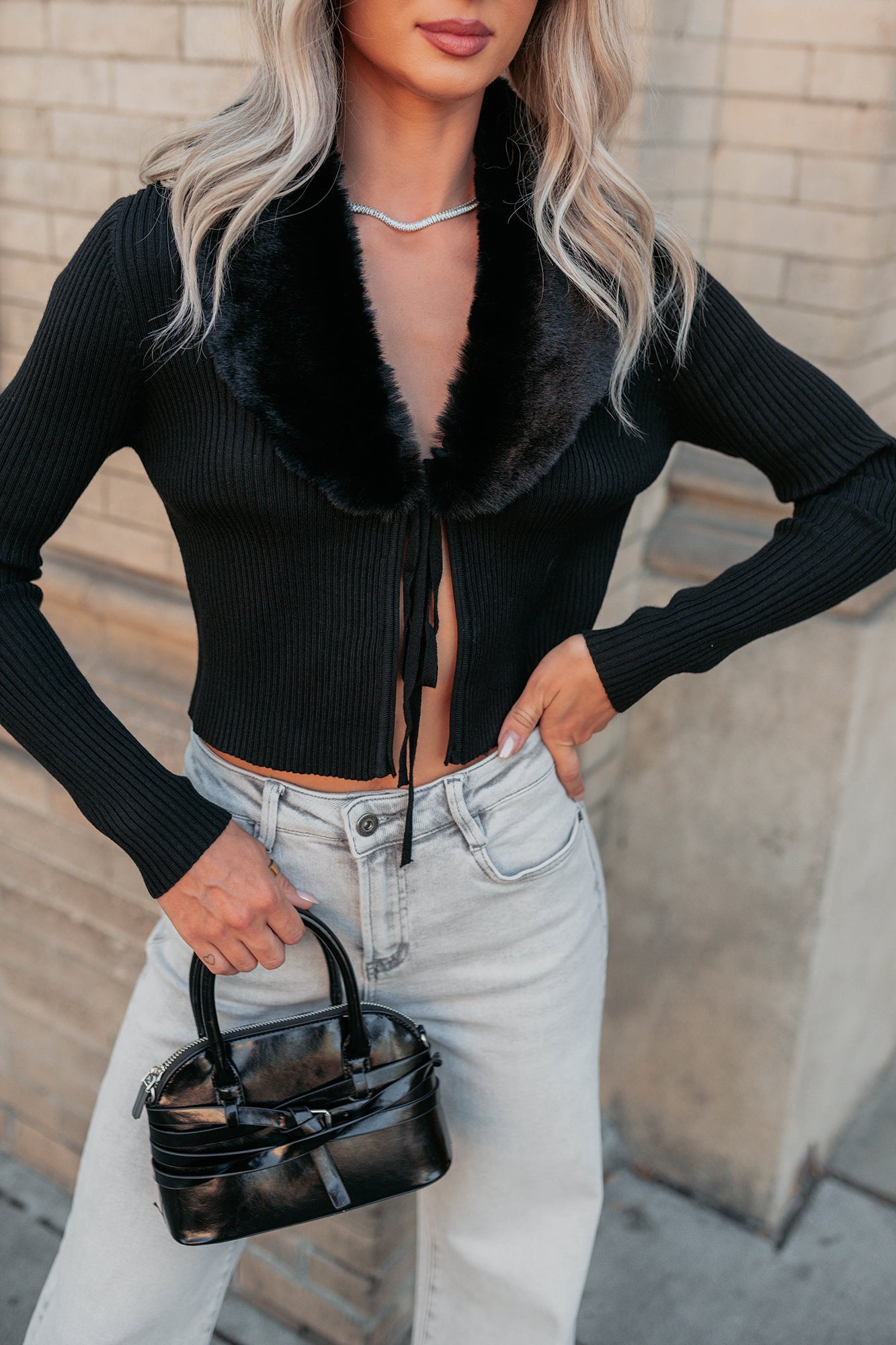 Glitz Happens Detachable Fur Collar Top (Black)