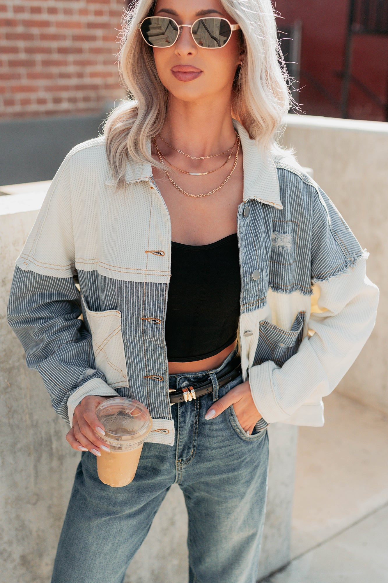 Honey Blush Waffle Denim POL Jacket (Ivory/Multi)