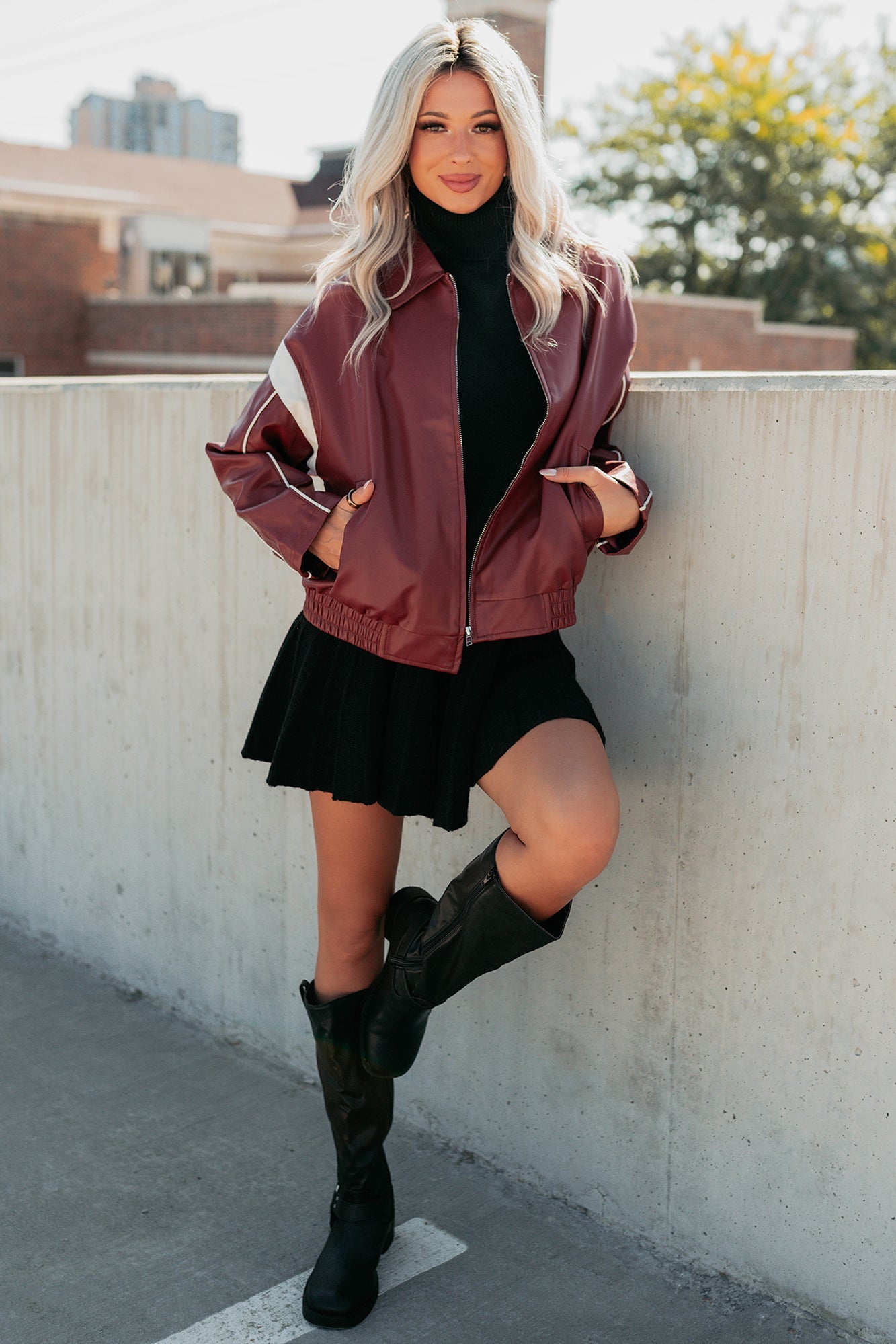 Future Forward Faux Leather Racer Jacket (Burgundy)