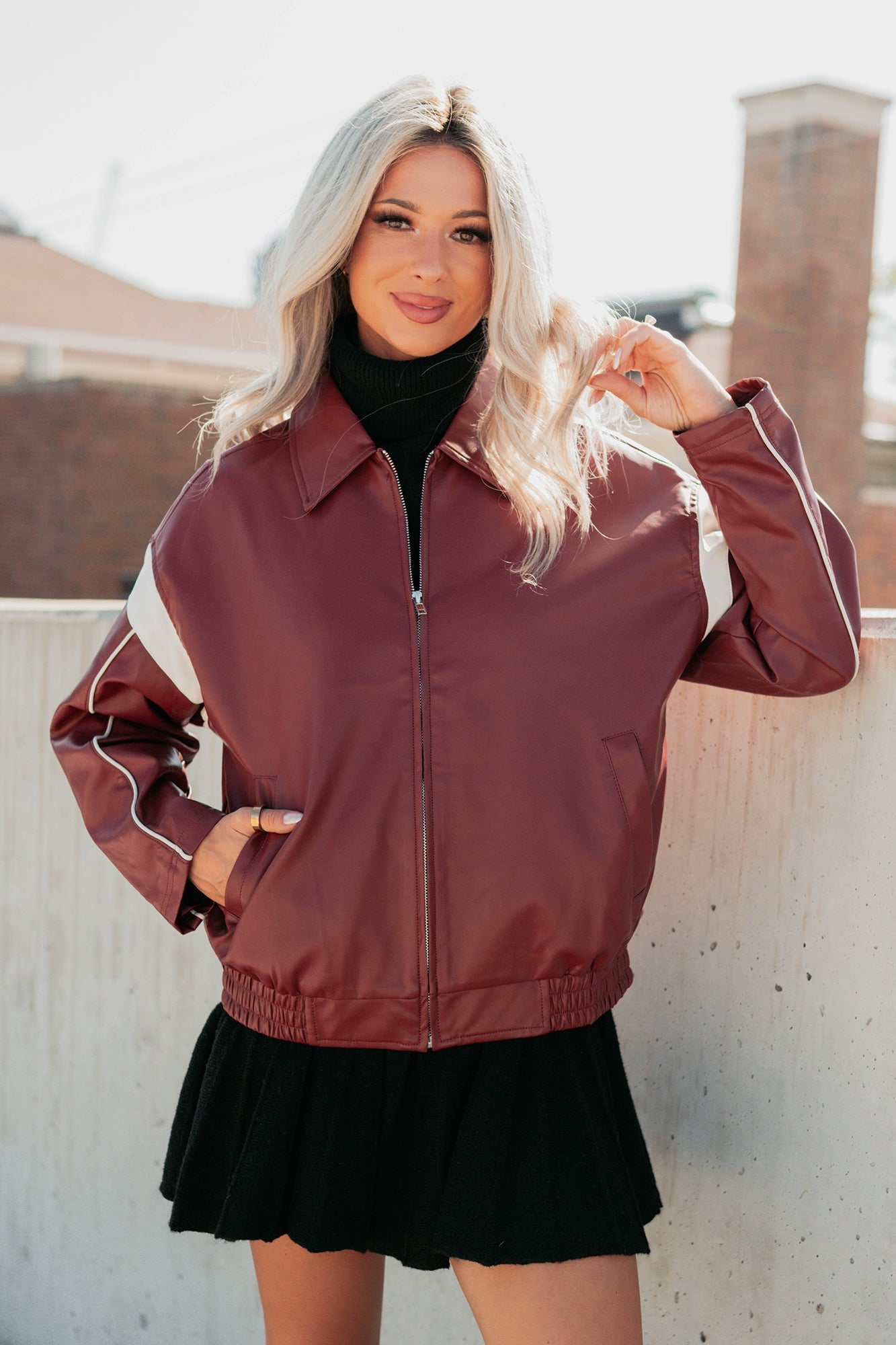 Future Forward Faux Leather Racer Jacket (Burgundy)