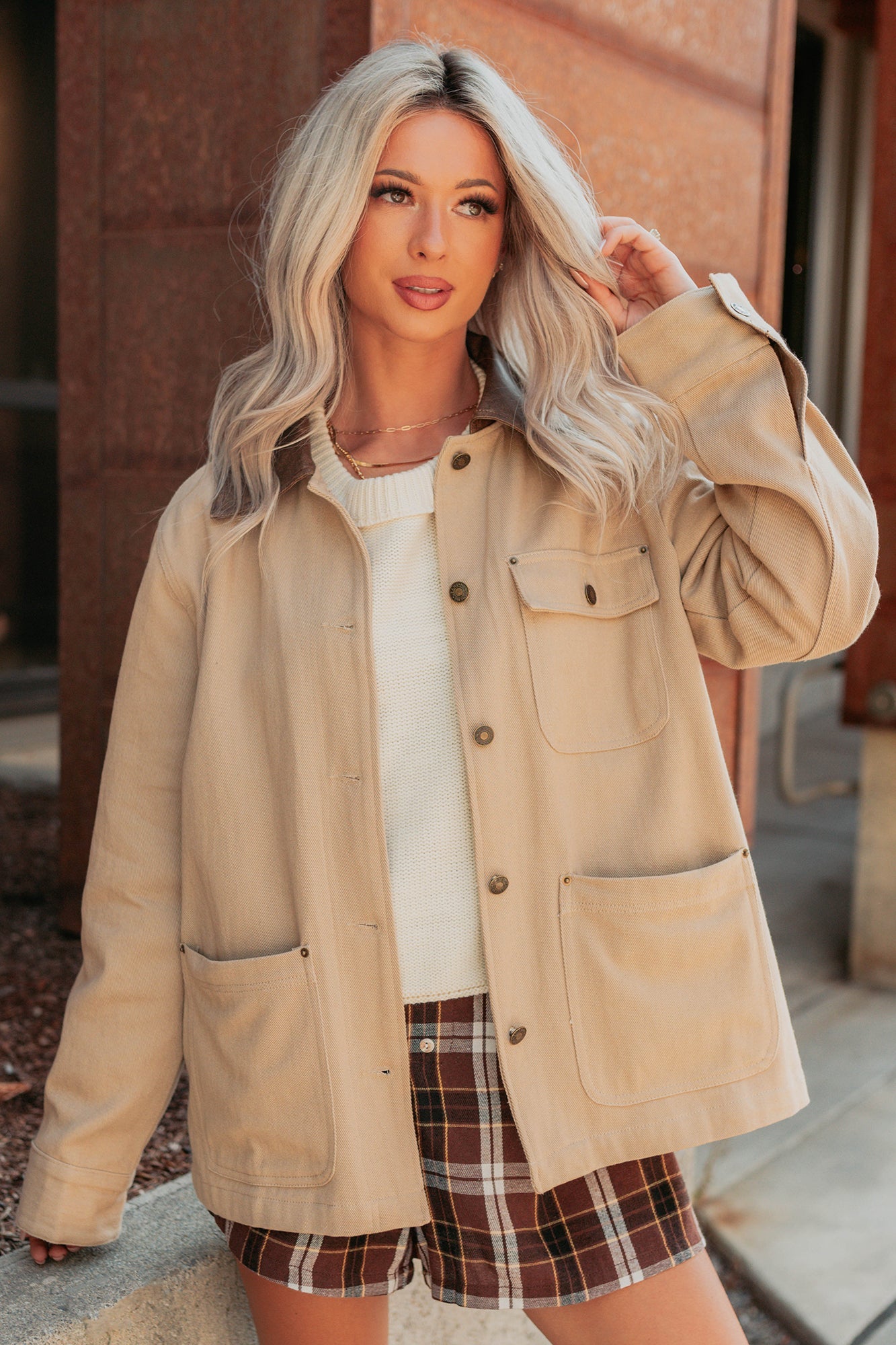 Hustle Habits Leather Collared Denim Jacket (Sand)