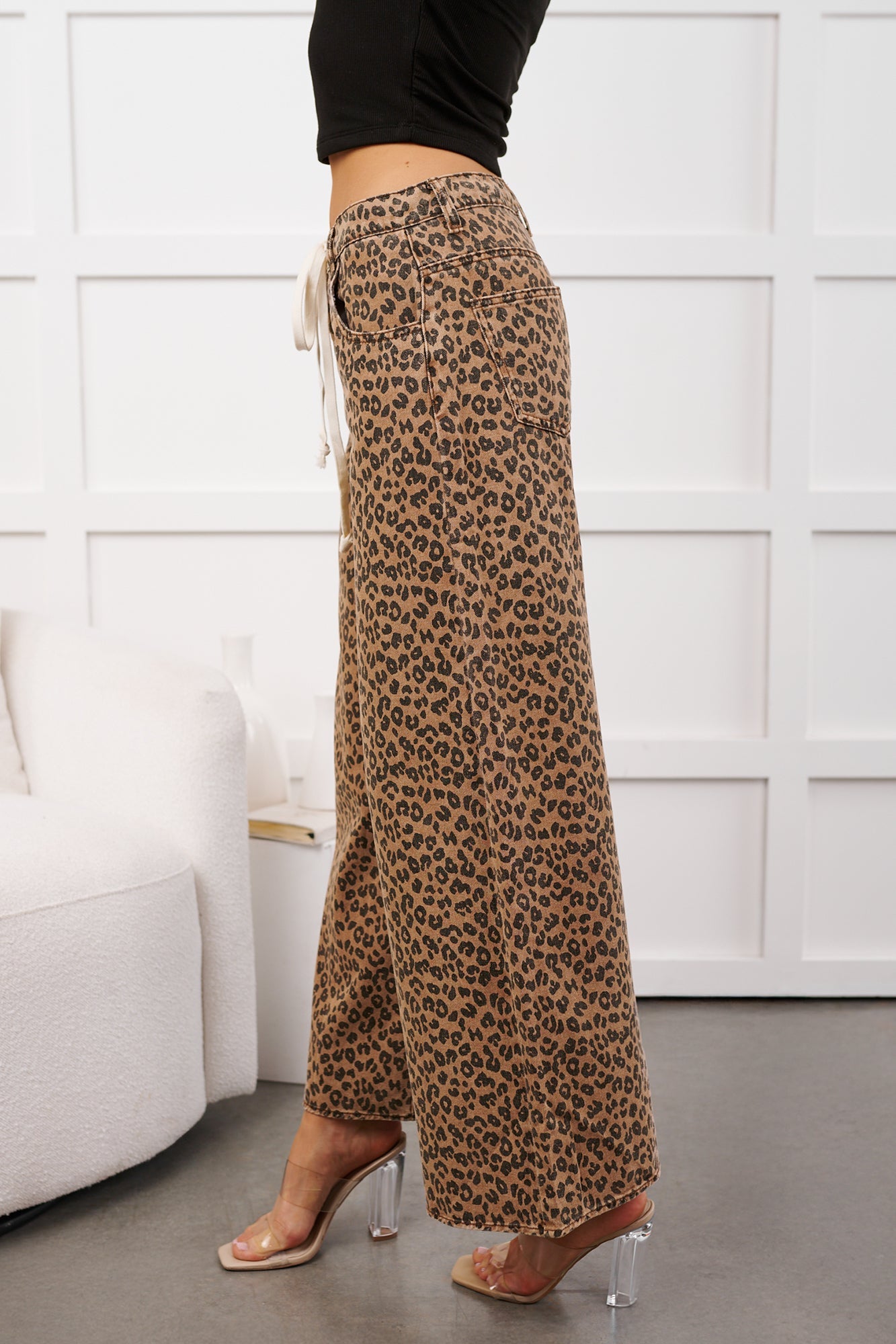 Alivia Drawstring Leopard NoaBoa Pants (Mocha/Black)