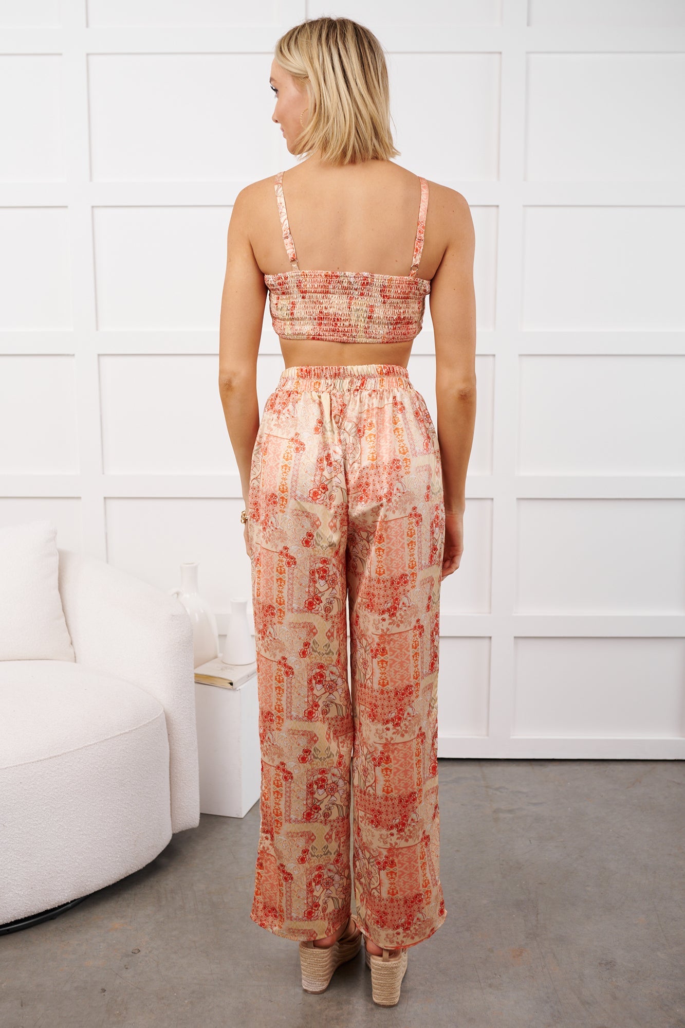 Brighter Days Printed Satin Crop Top & Pants Set (Peach Multi)