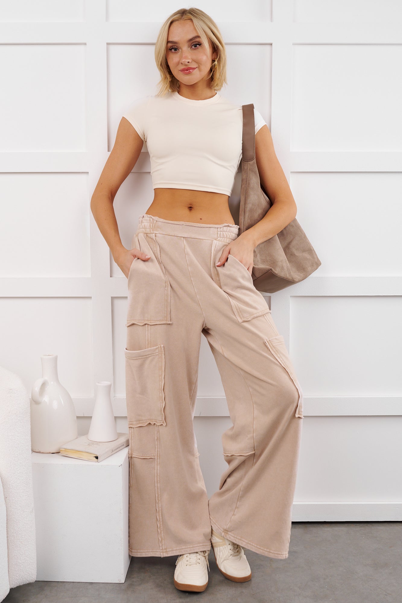 Mellow Hours Cargo Wide Leg Lounge Pants (Dark Taupe)
