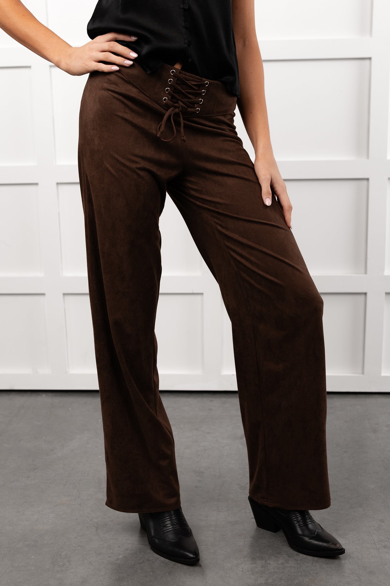Unmatched Charm Lace-Up Suede Pants (Brown)