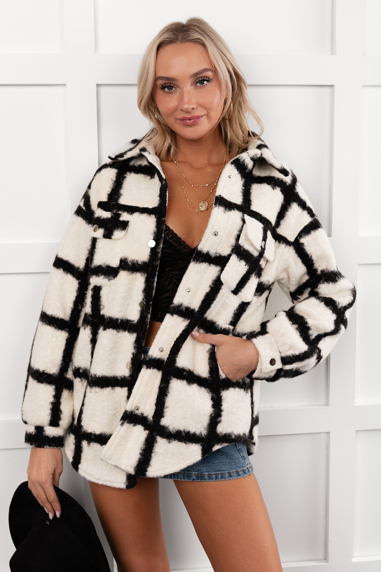 Hearth Light Grid Print Brushed Fleece Coat (Black)