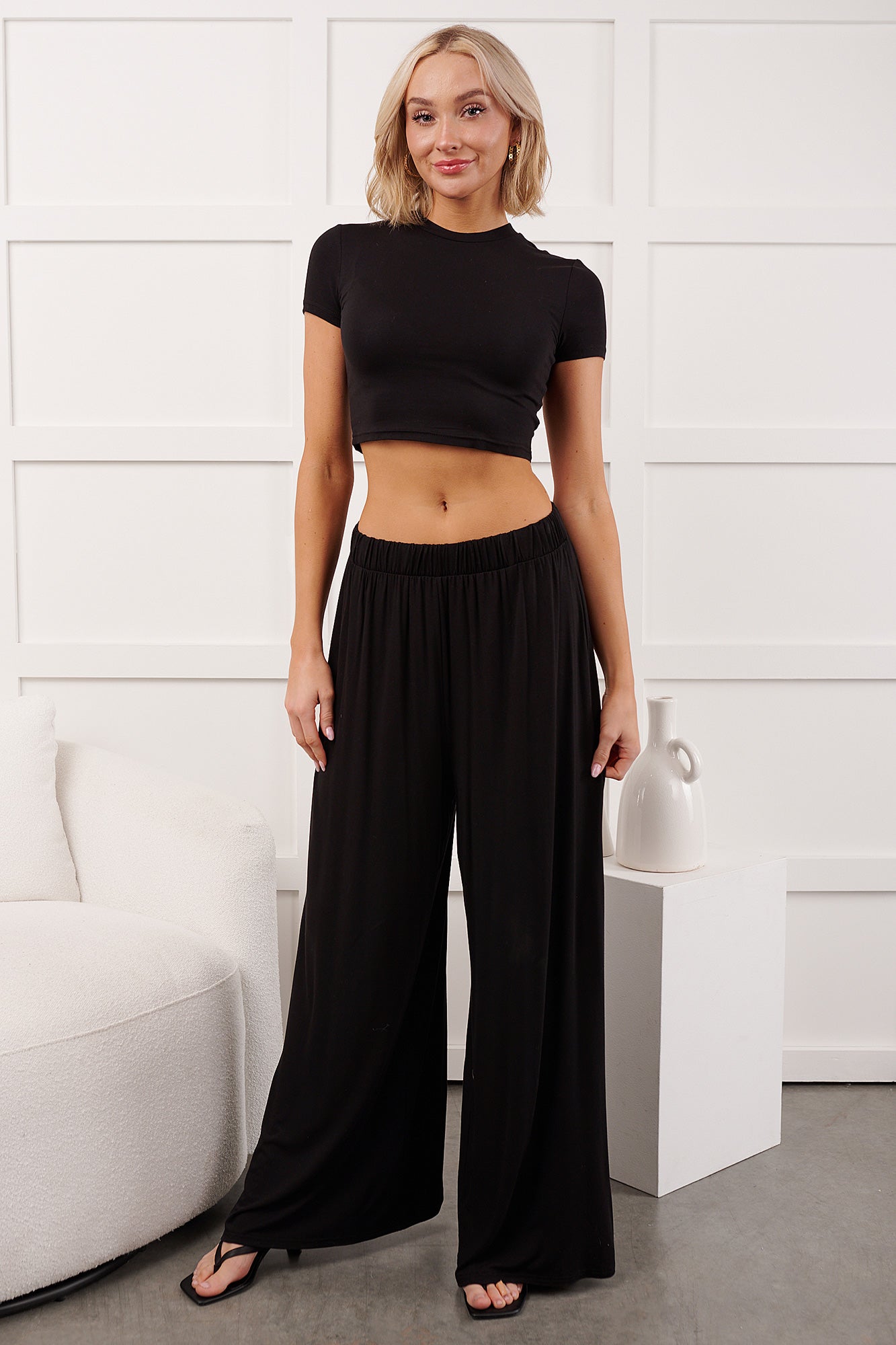 Always True Crop Top Wide Leg Pants Set (Black)