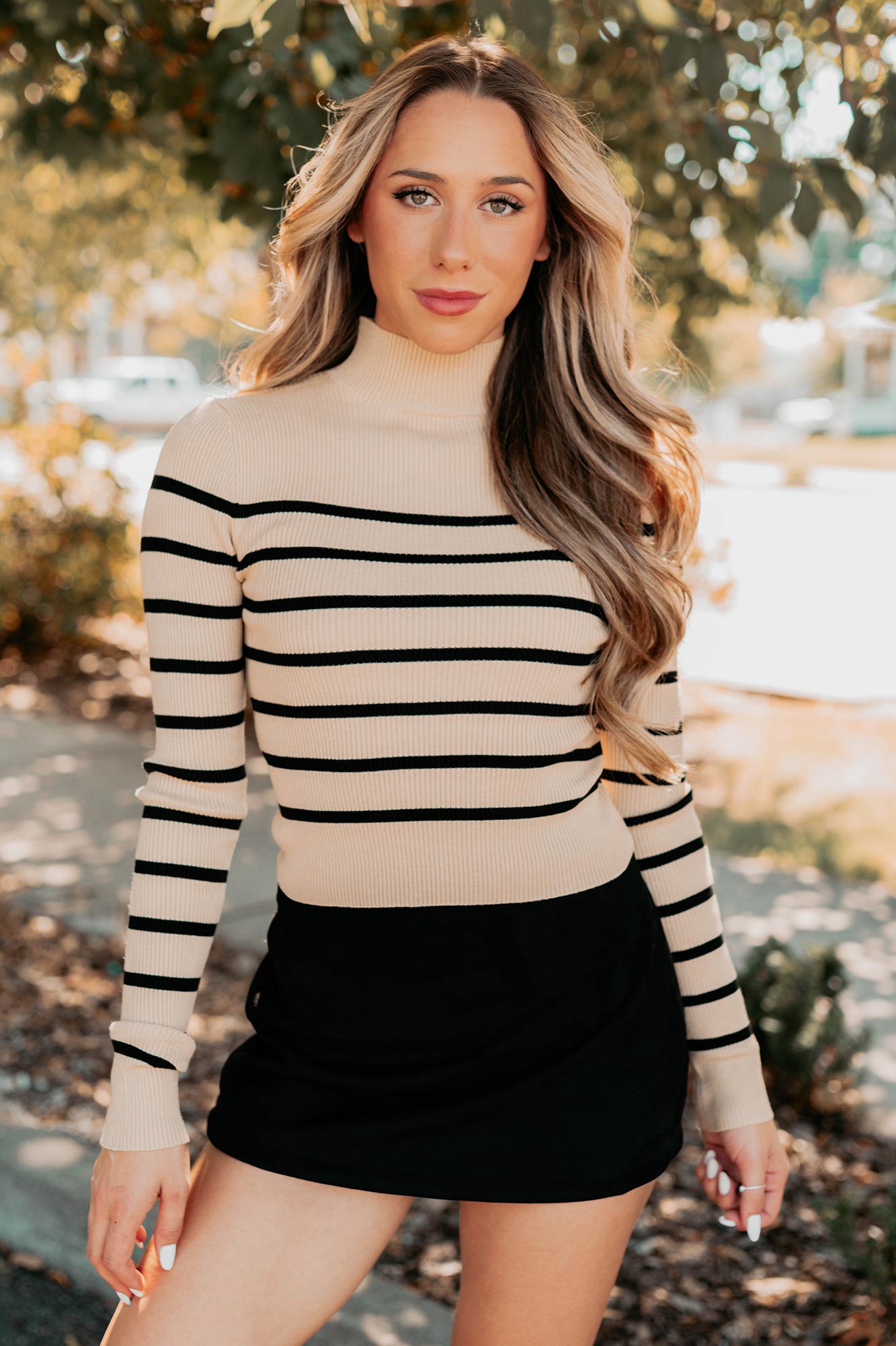 Blissful Rest Striped Mock Neck Sweater Top (Taupe/Black)