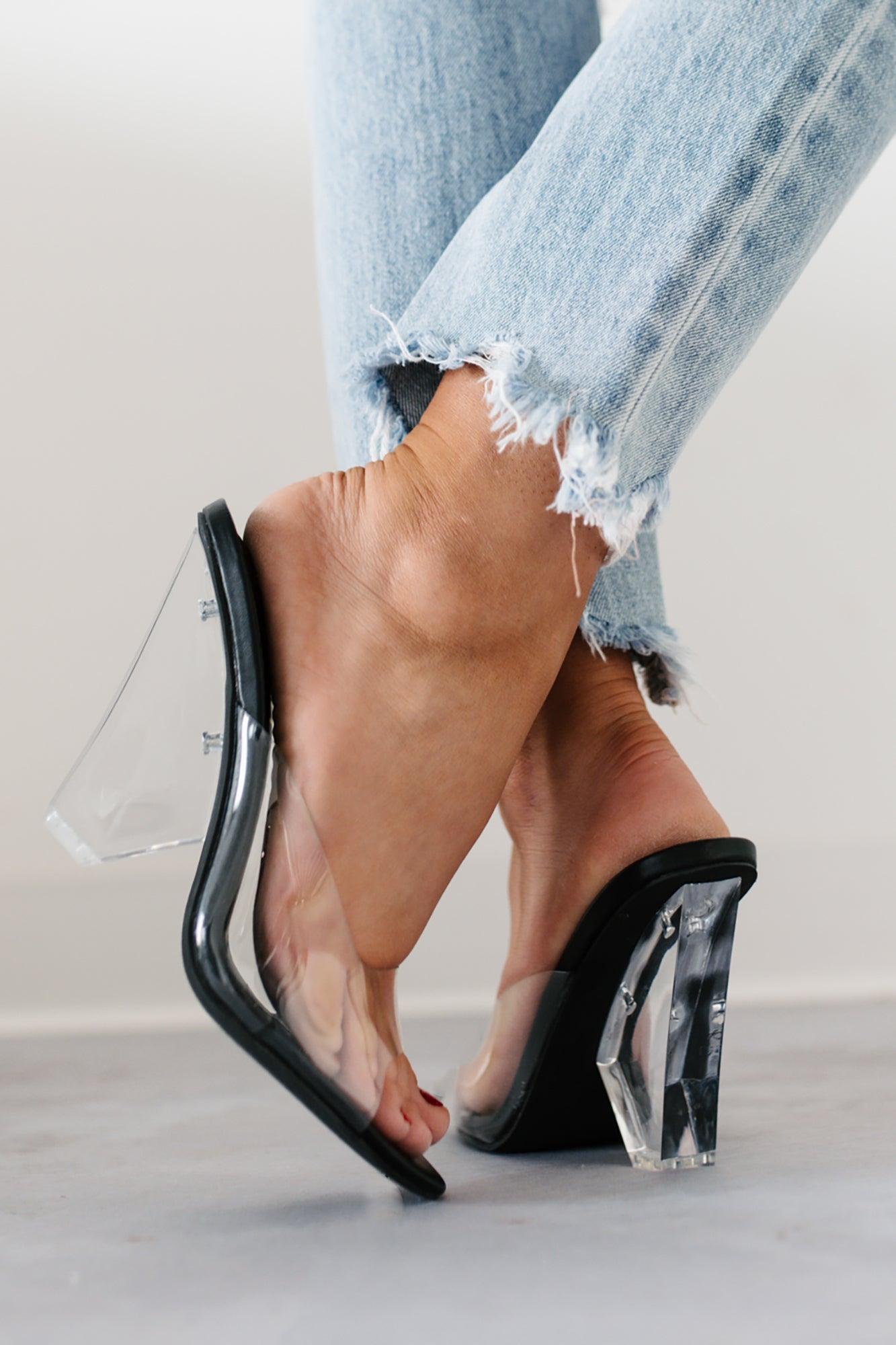 Glamour & Glow Clear Strap Lucite Heels (Black)