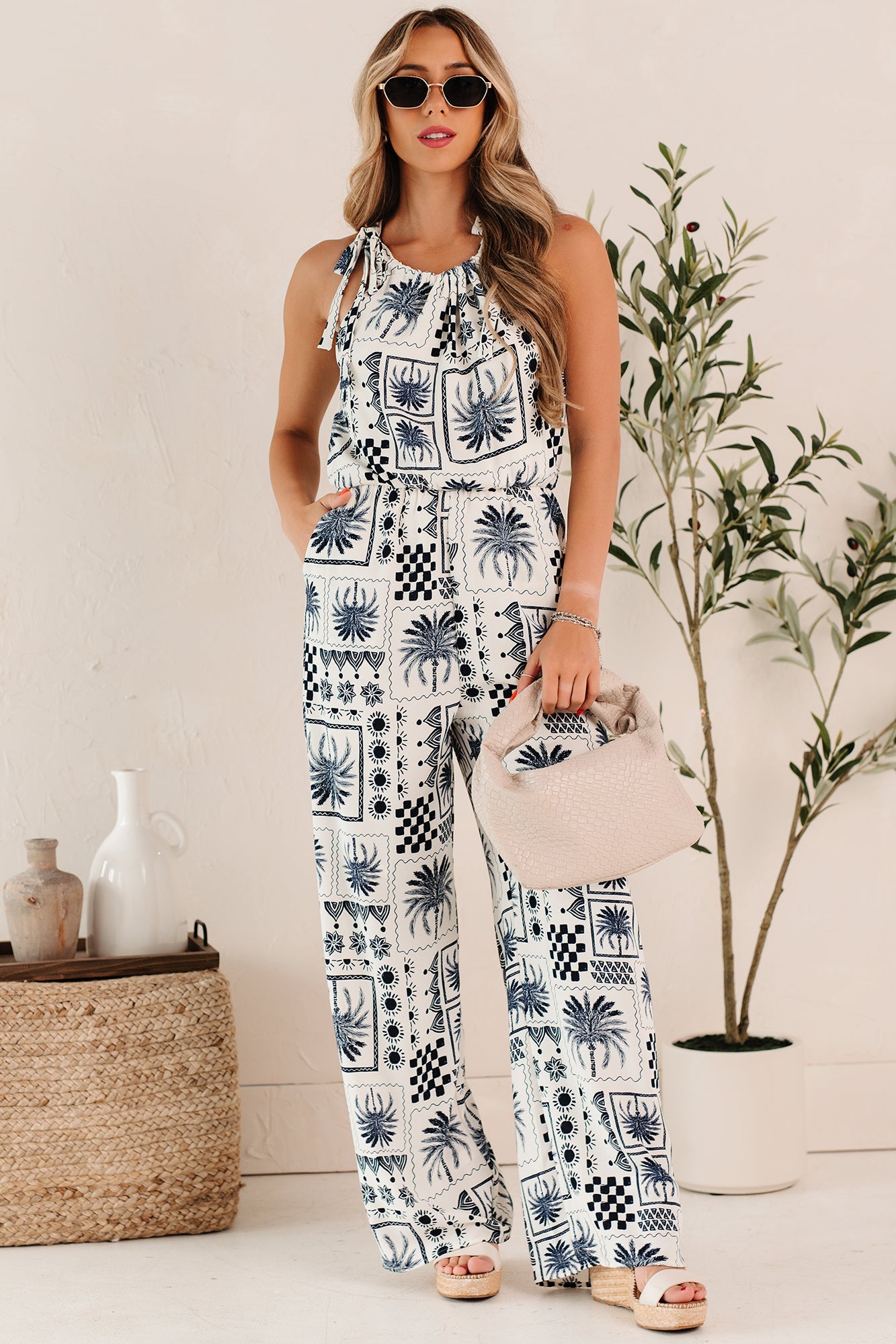 Ocean Calls Halter Abstract Print Jumpsuit (Ivory/Navy)