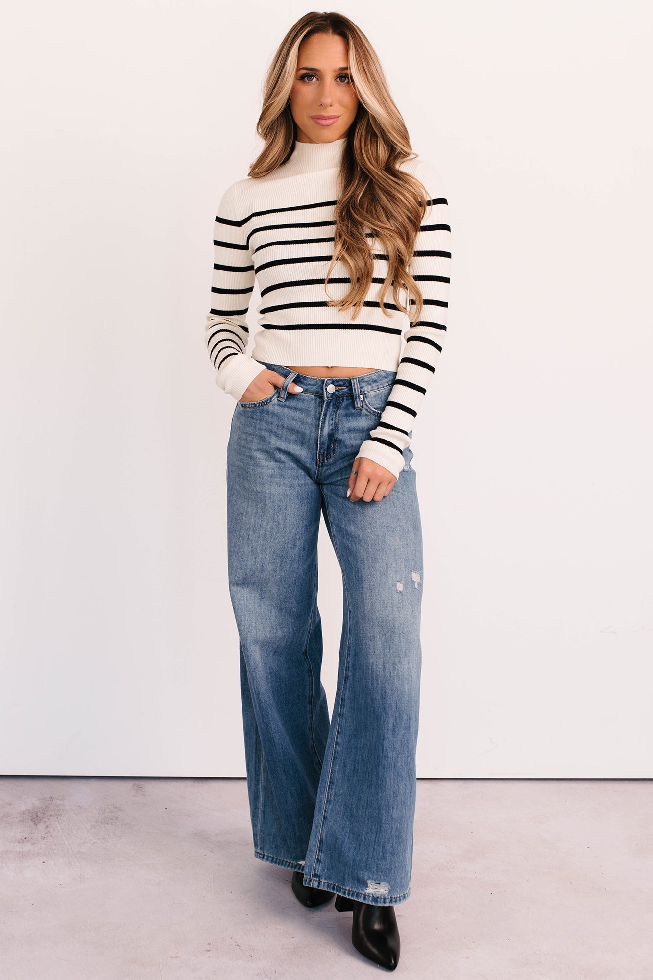 Blissful Rest Striped Mock Neck Sweater Top (Cream/Black)