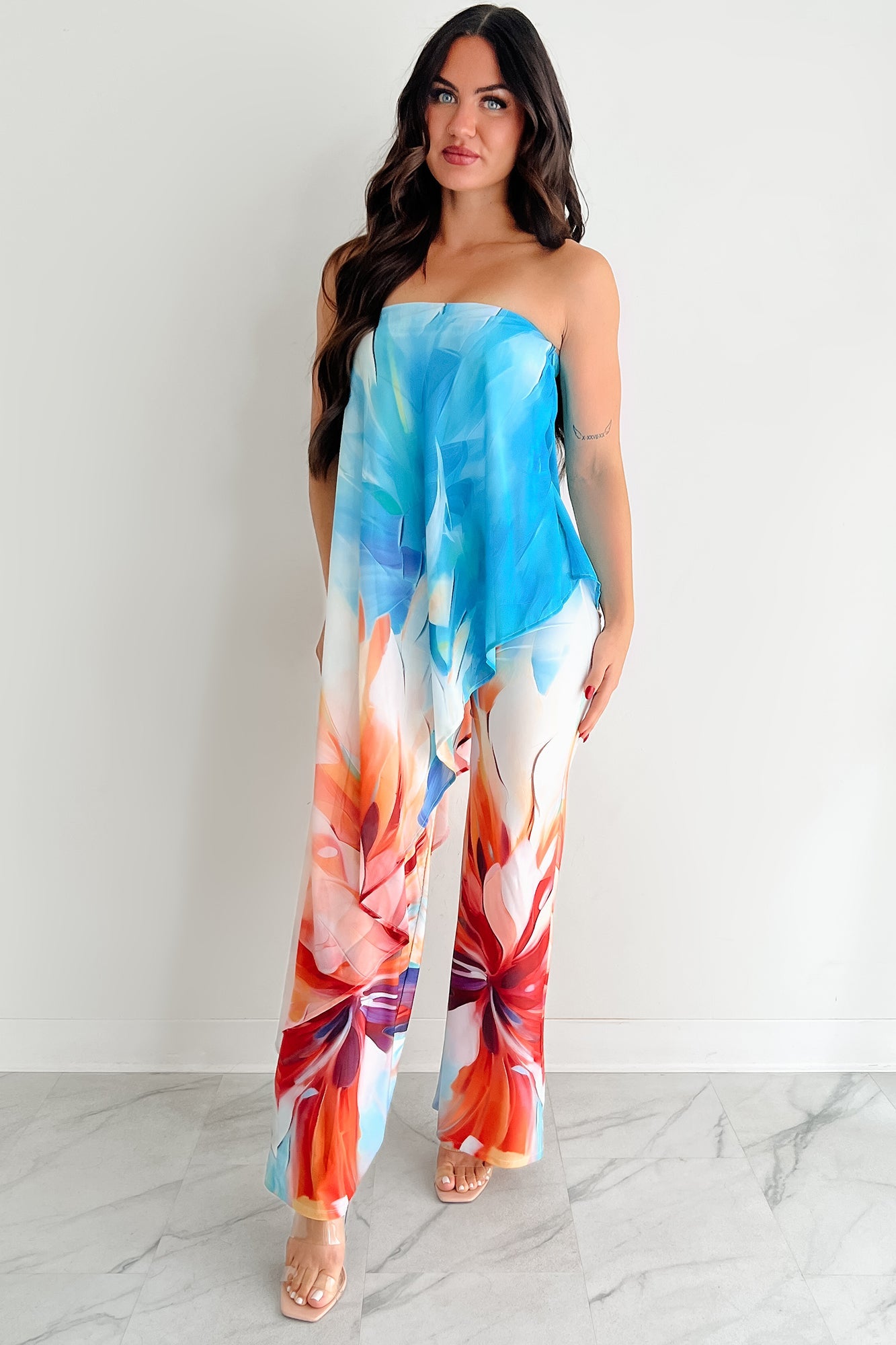 Wander Wildly Strapless Flowy Jumpsuit (Blue/Multi)