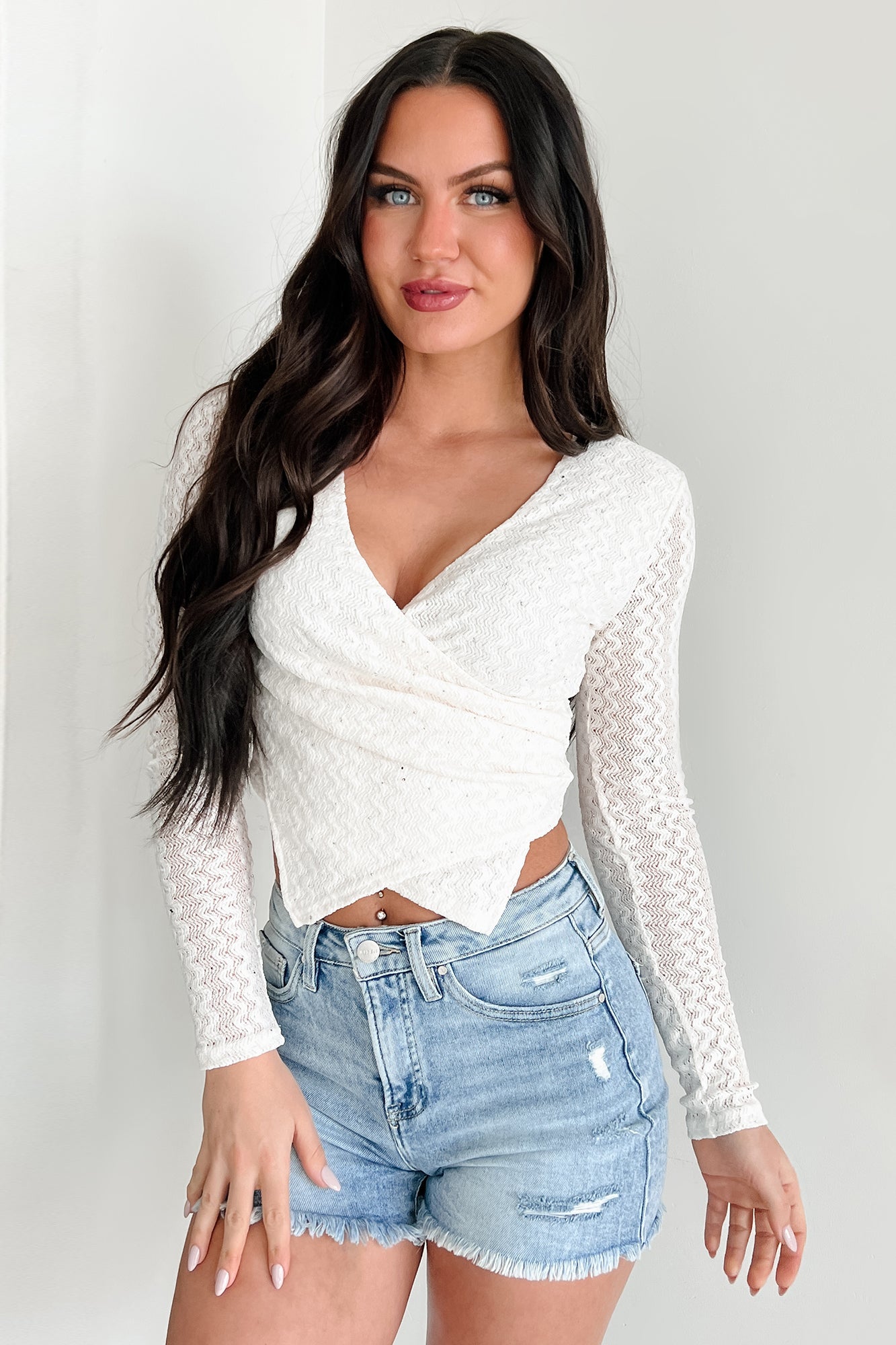 Dazzle & Daze Rhinestone Lace Long Sleeve Top (Off White)