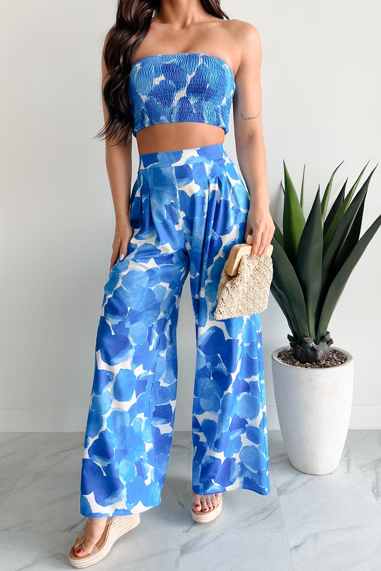 Wandering Freely Two-Piece Bandeau Pant Set (Blue)