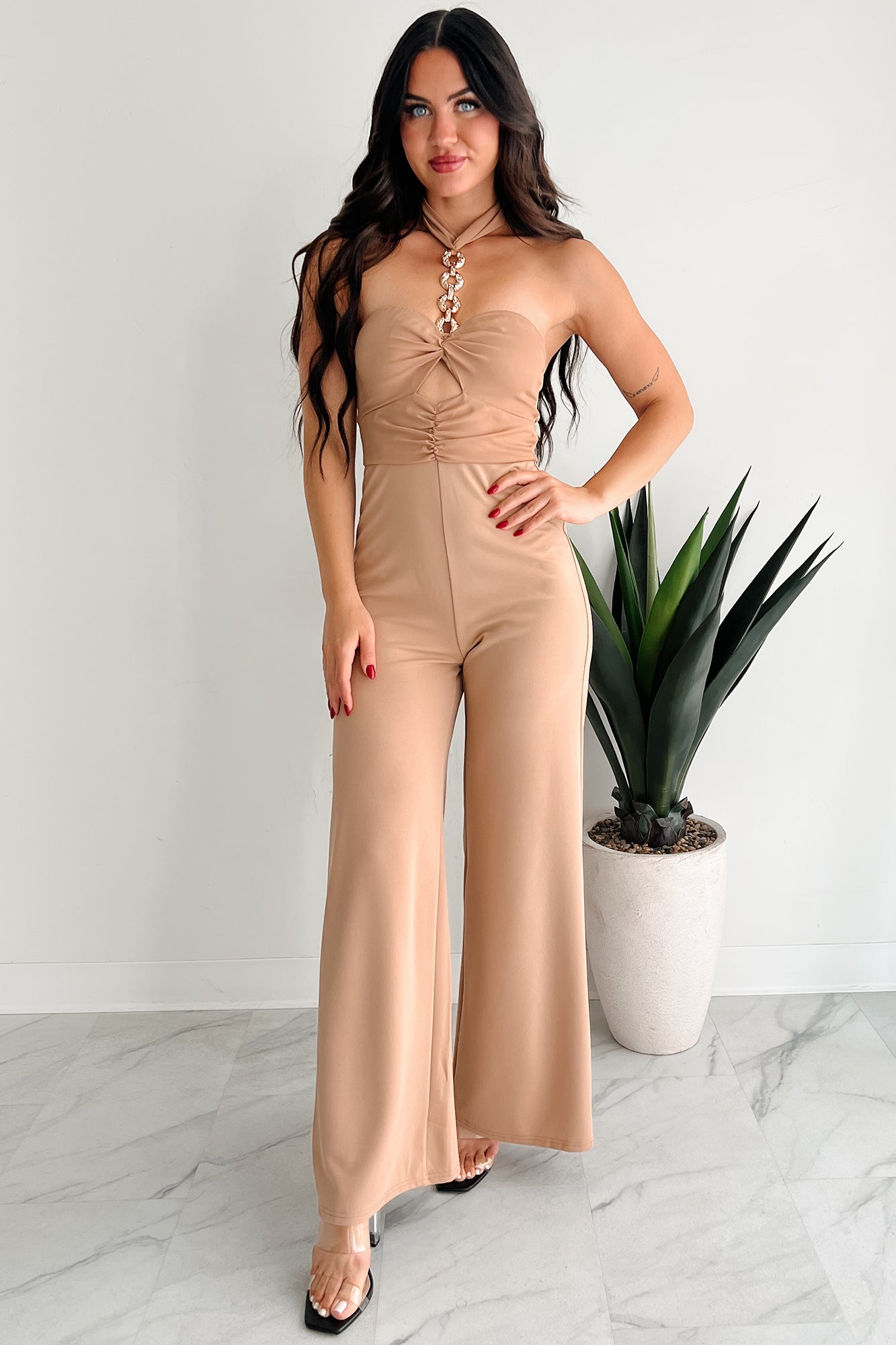 Sheer Ferocity Chain Strap Cutout Jumpsuit (Taupe)