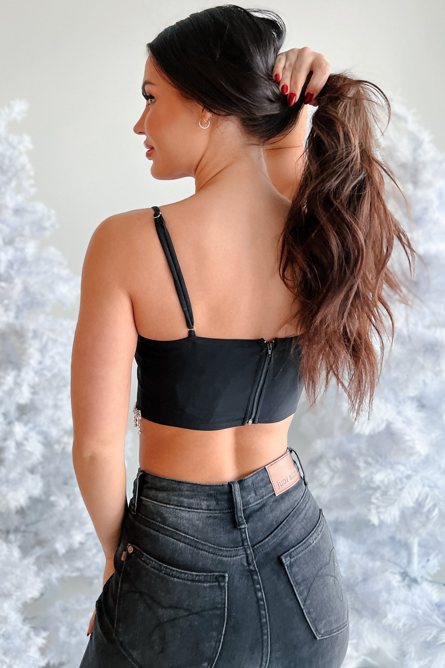 Fixed On You Rhinestone Pearl Fringe Top (Black)