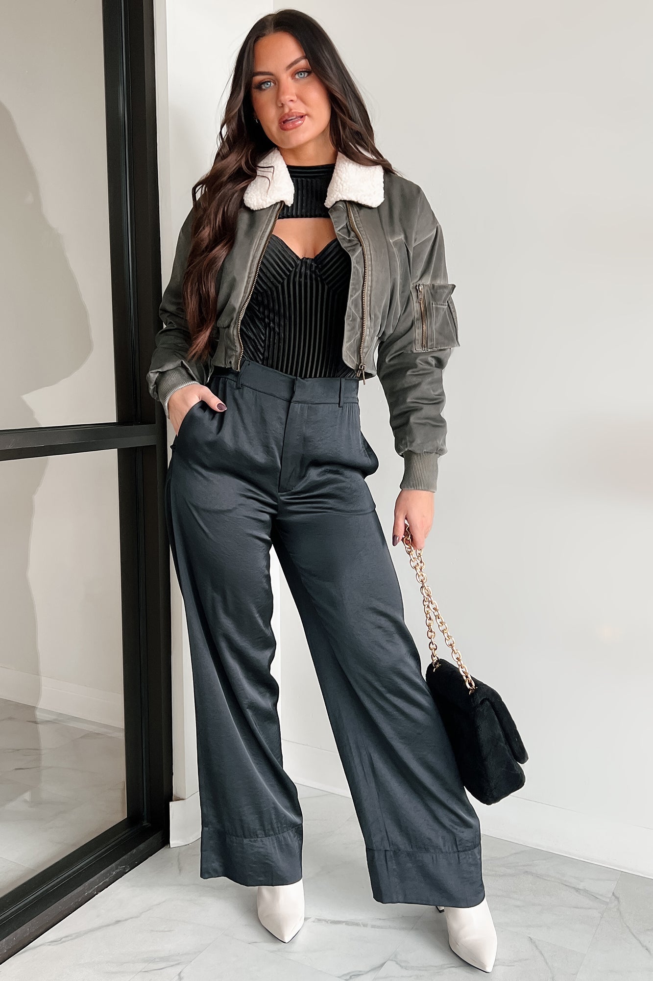 Fashionable Flight Path Aviator Crop Jacket (Dark Grey)