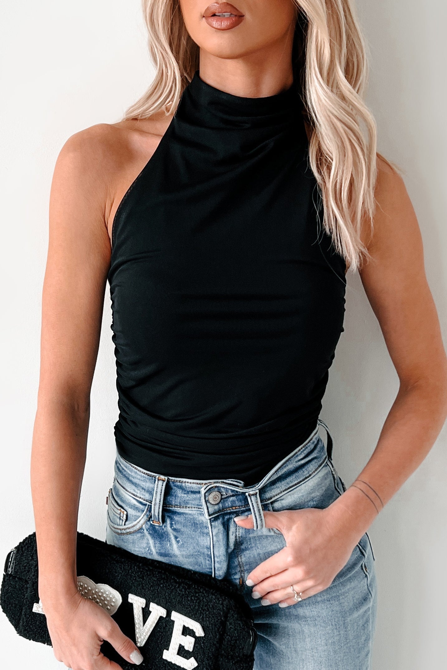 Sultry Attitude Ruched Mesh Halter Top (Black)